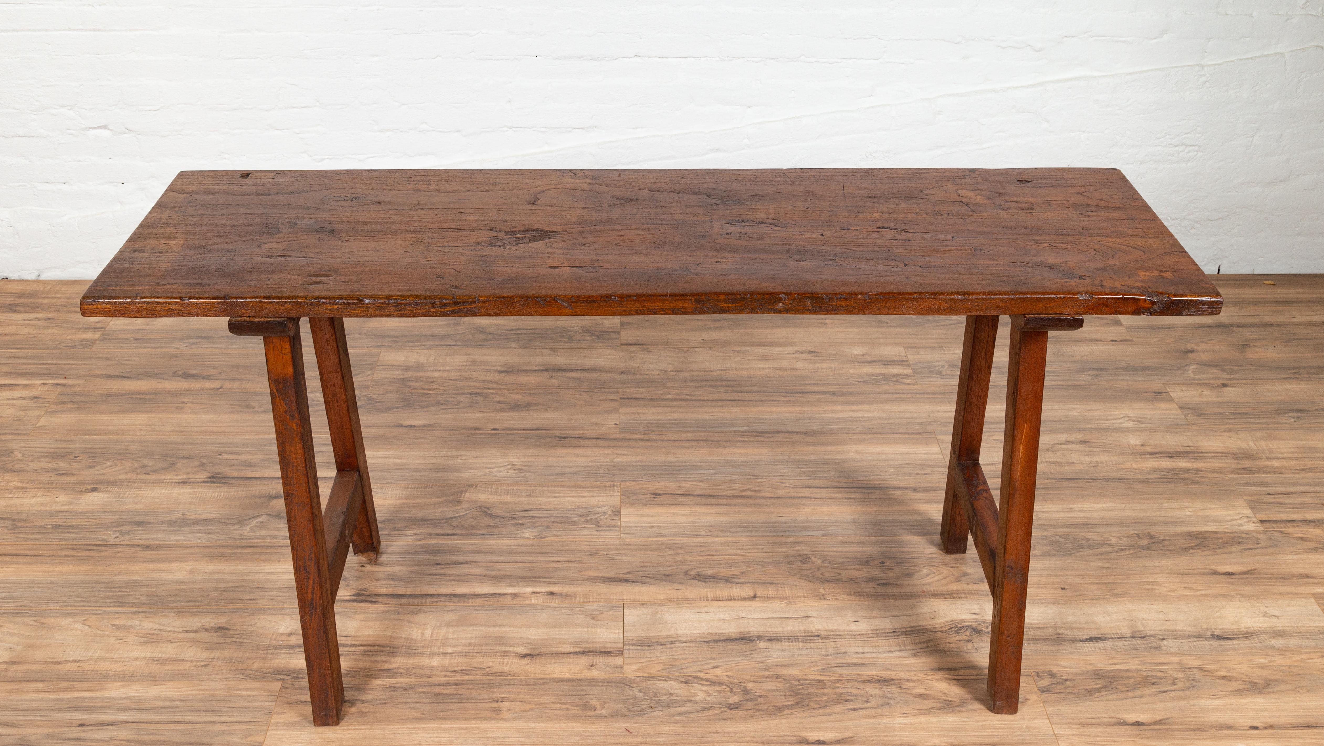 Rustic Indonesian 19th Century Teak Wood Console Table with A-Frame Base 5