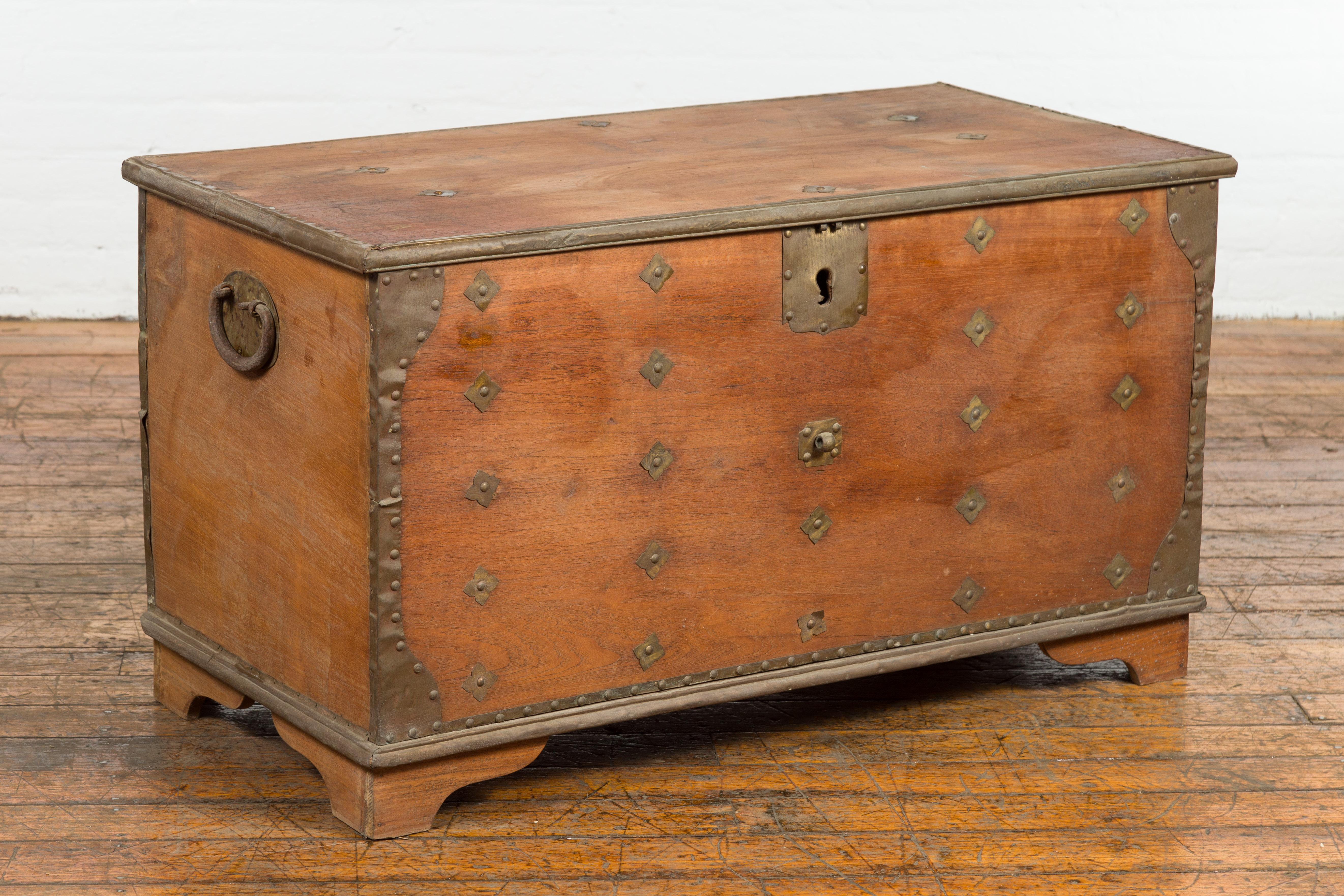 Rustic Indonesian 19th Century Wooden Blanket Chest with Brass Accents For Sale 10