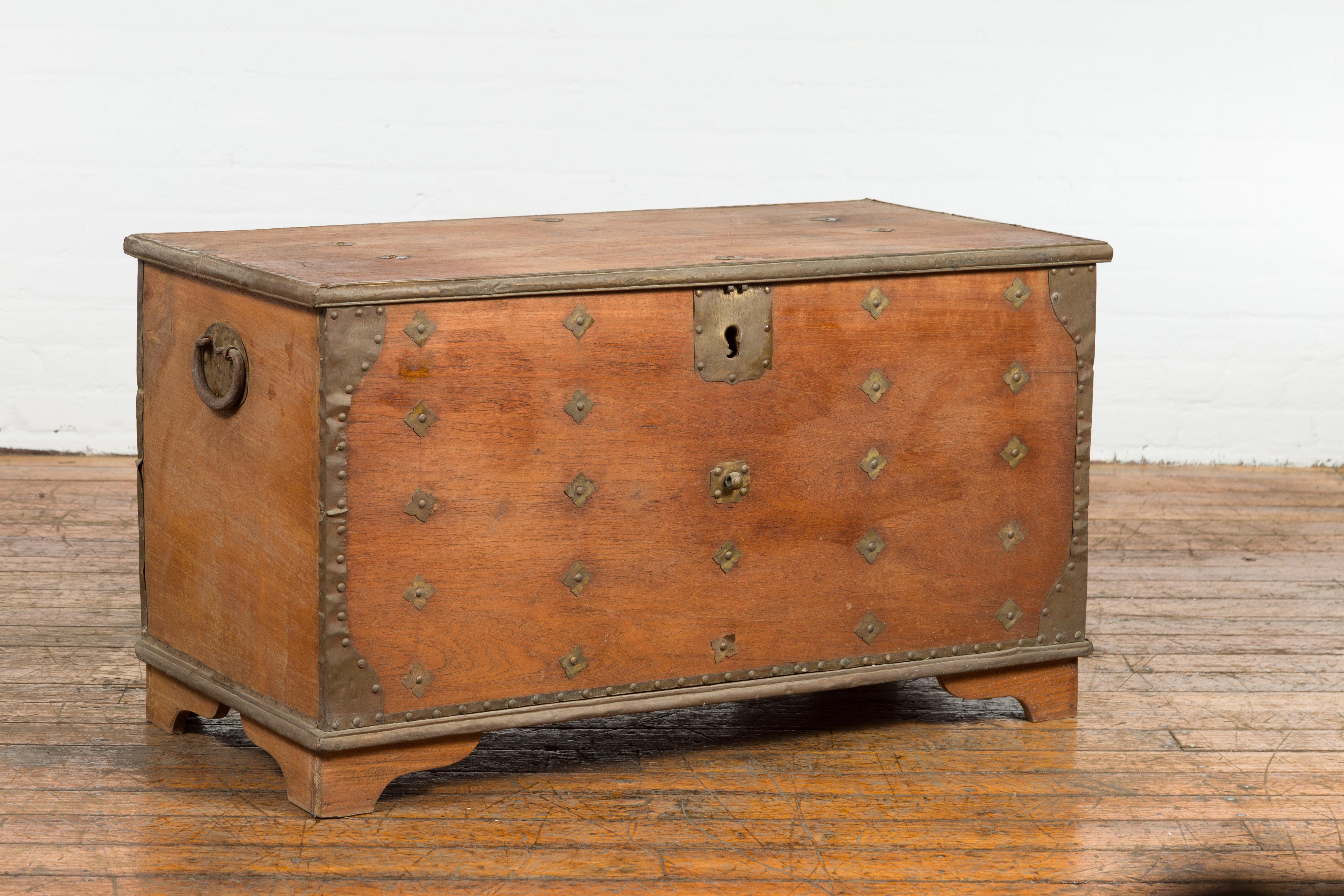 Rustic Indonesian 19th Century Wooden Blanket Chest with Brass Accents For Sale 11