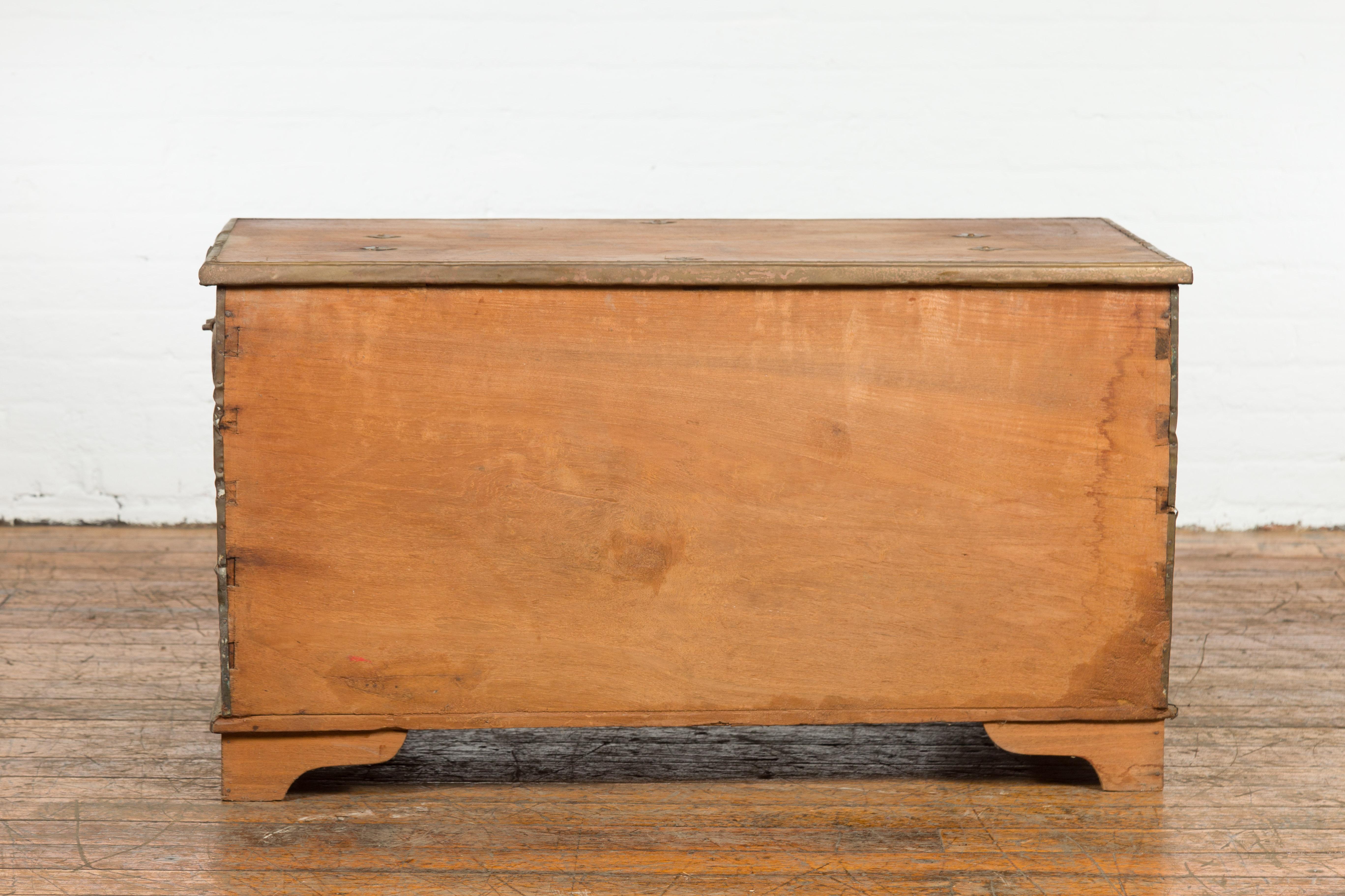Rustic Indonesian 19th Century Wooden Blanket Chest with Brass Accents For Sale 13