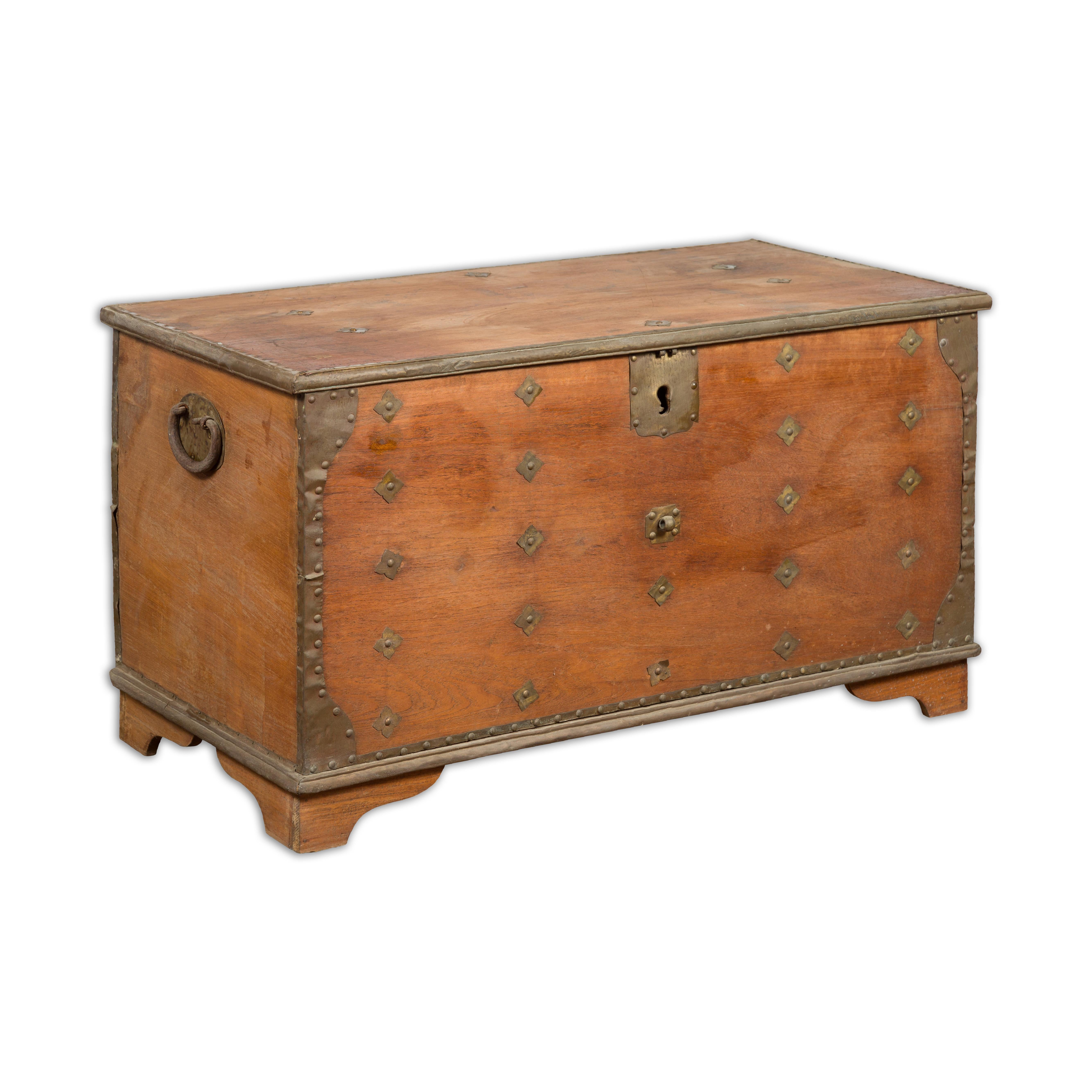 Rustic Indonesian 19th Century Wooden Blanket Chest with Brass Accents For Sale 17
