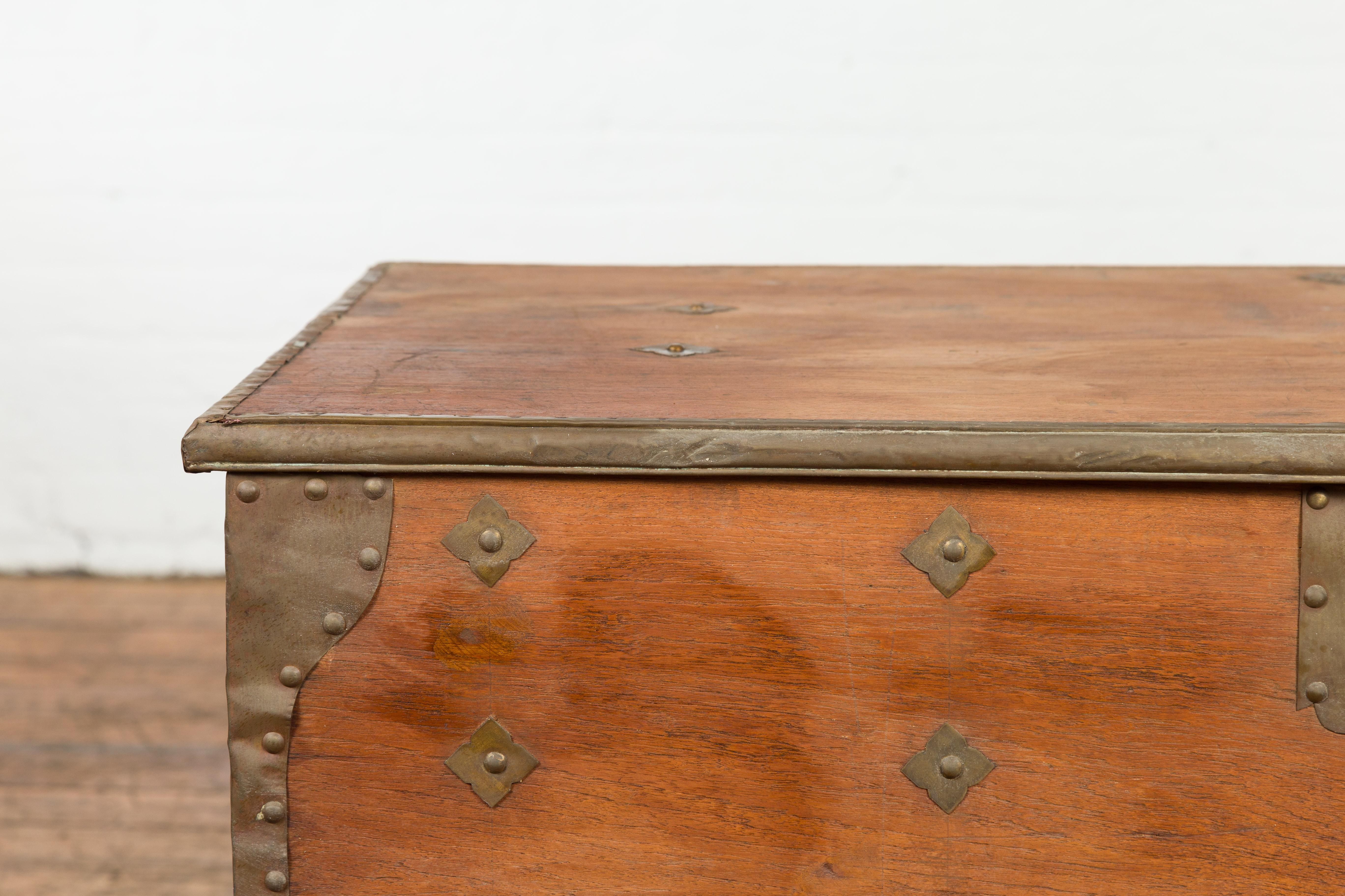 Rustic Indonesian 19th Century Wooden Blanket Chest with Brass Accents In Good Condition For Sale In Yonkers, NY