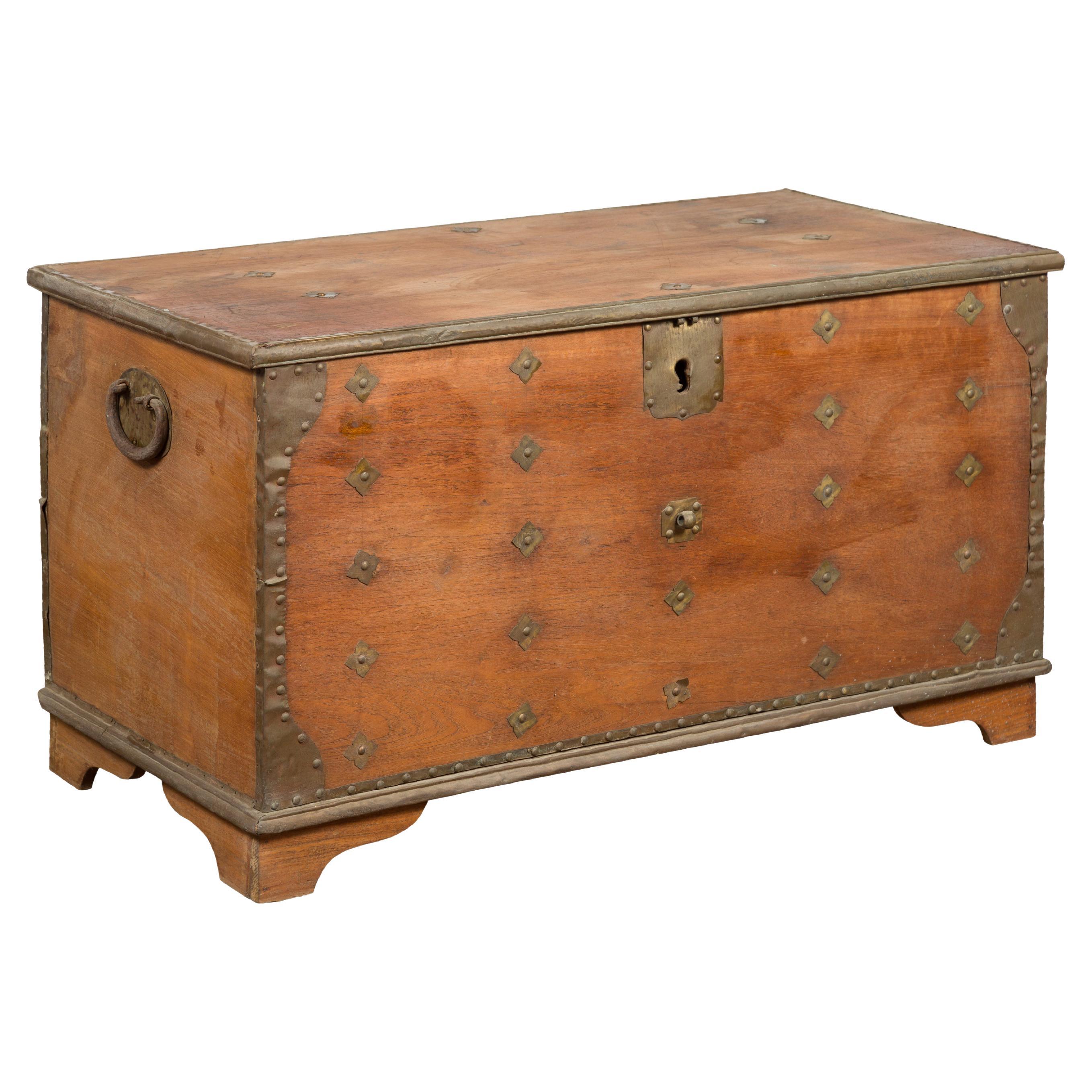 Rustic Indonesian 19th Century Wooden Blanket Chest with Brass Accents For Sale