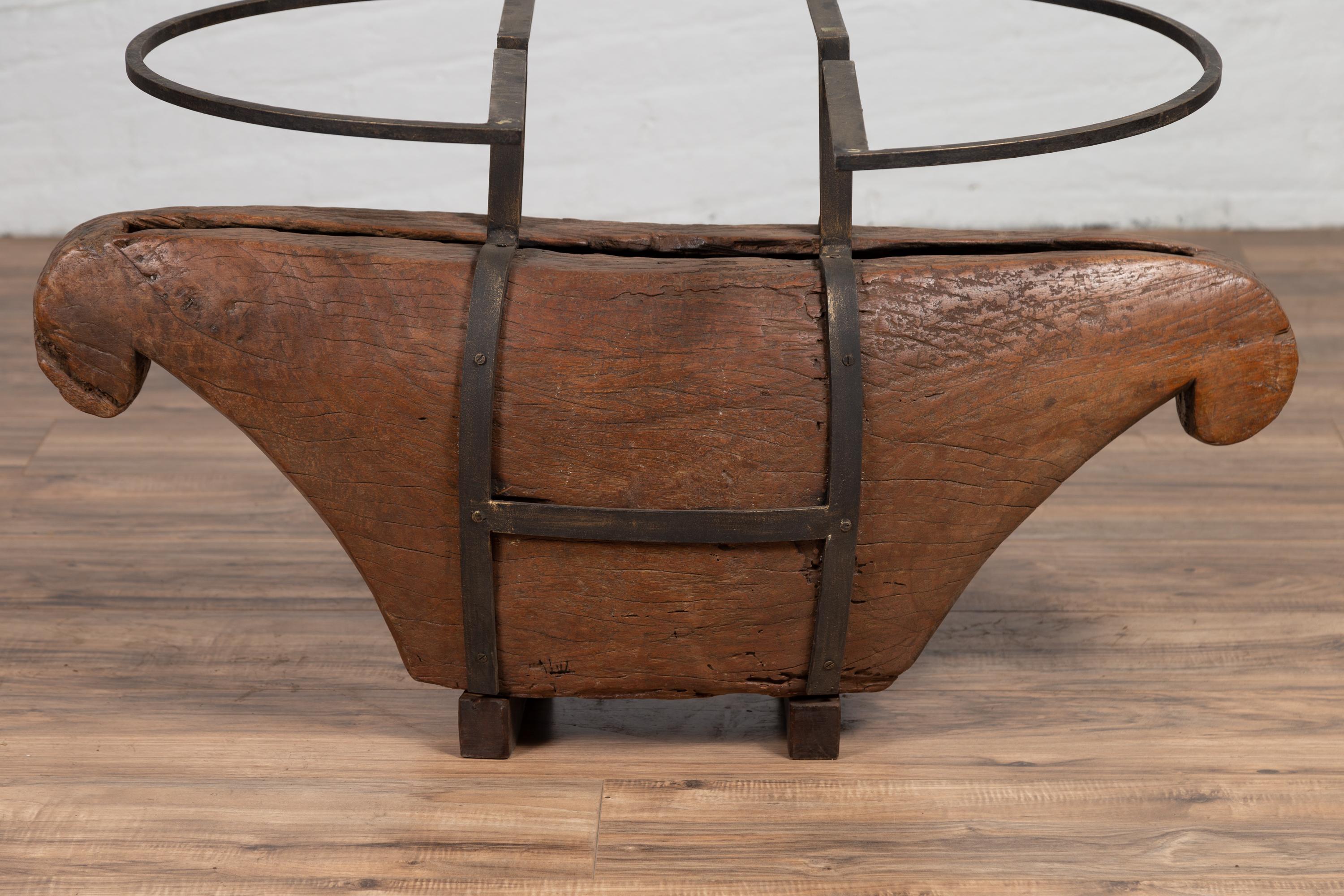 Contemporary Rustic Indonesian Coffee Table Base Made of Antique Wood with Iron Supports