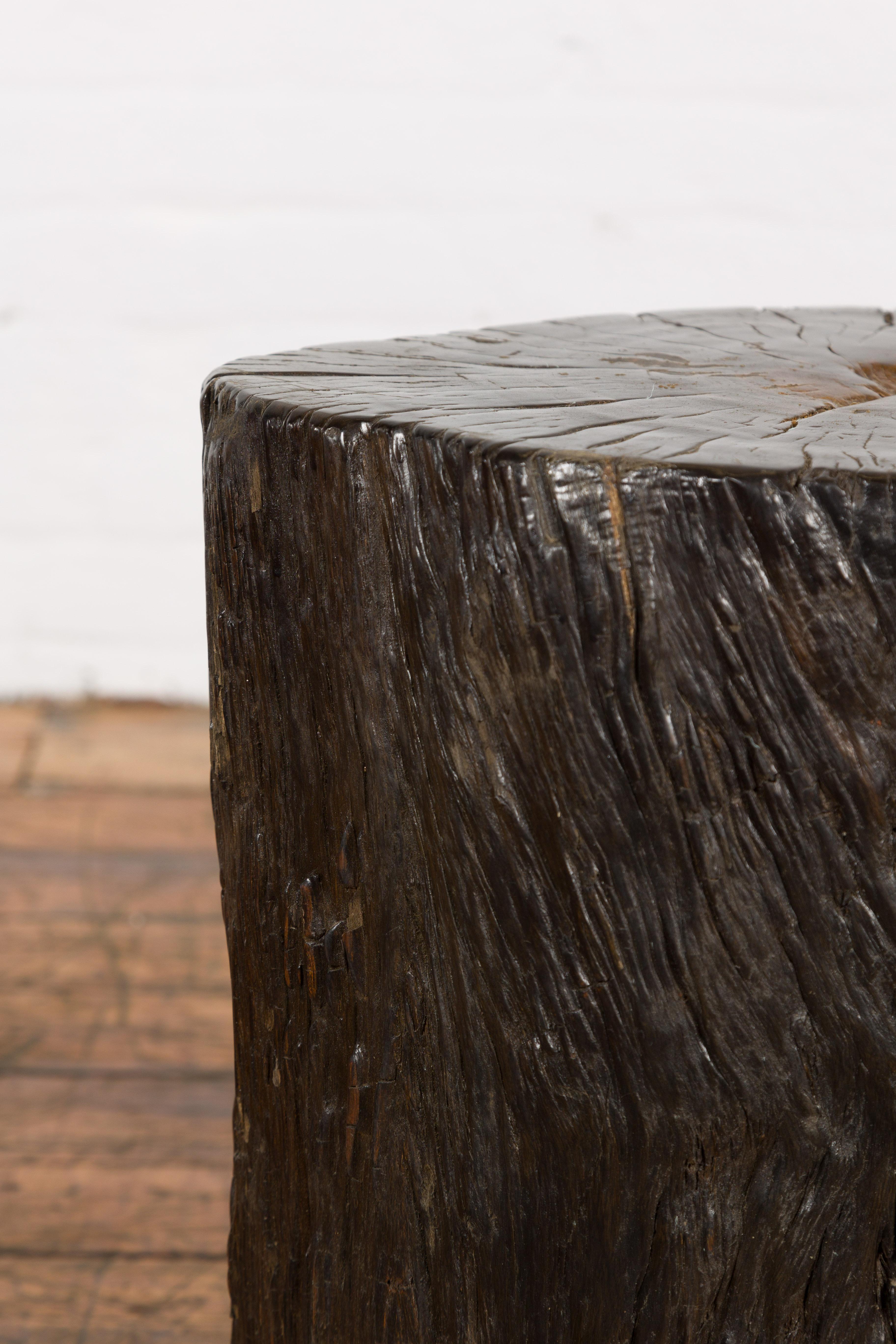 Petrified Wood Dark Brown Wooden Tree Stump End Table For Sale