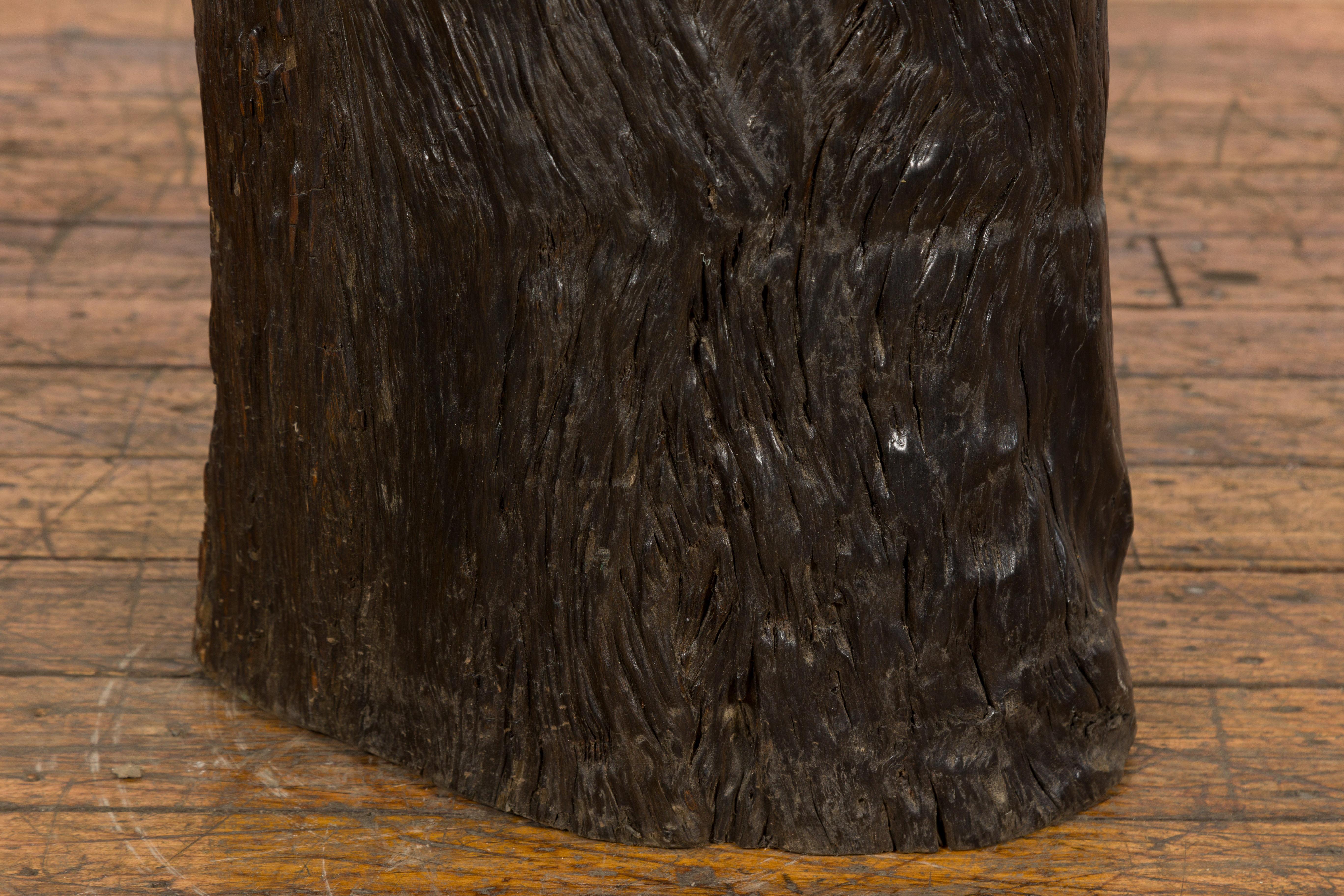 Indonesian Dark Brown Wooden Tree Stump End Table For Sale
