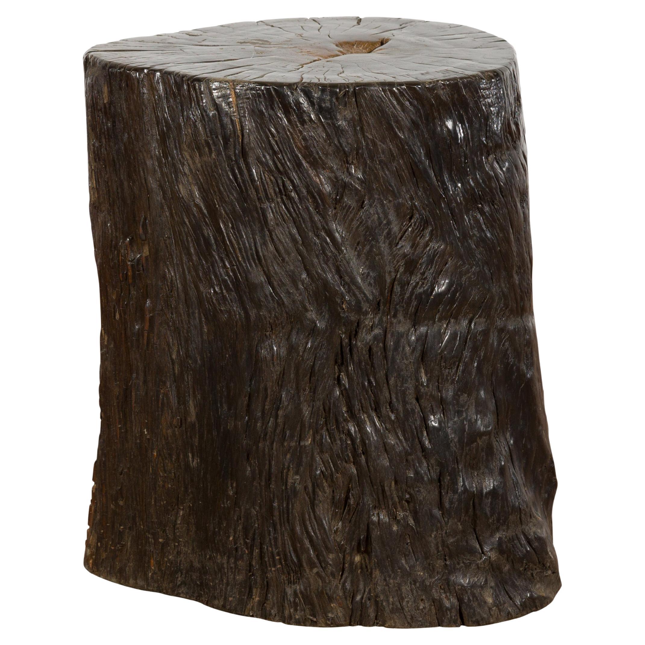Dark Brown Wooden Tree Stump End Table For Sale