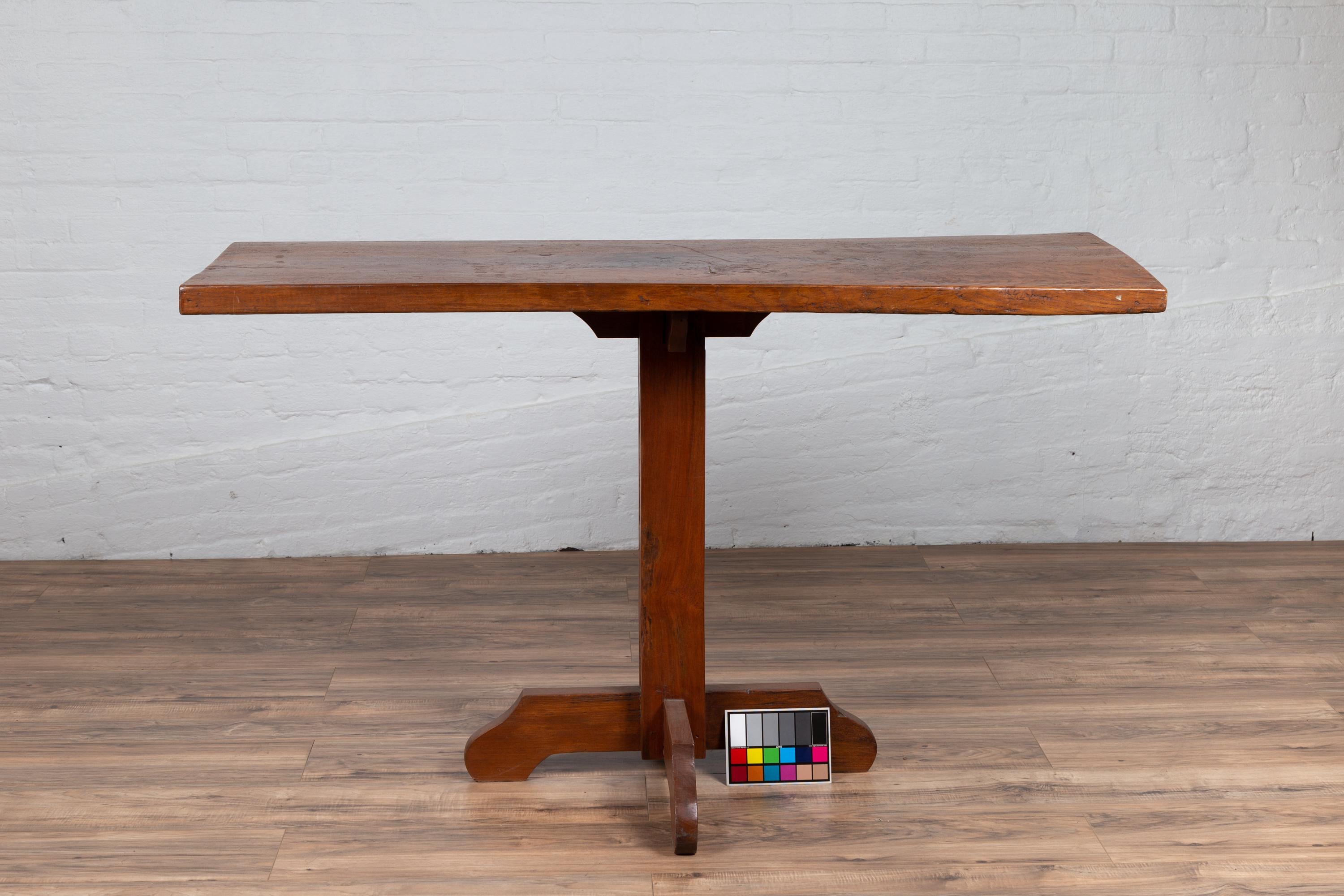 Rustic Indonesian Wooden Console Table with Single Plank Top and Pedestal Base For Sale 8