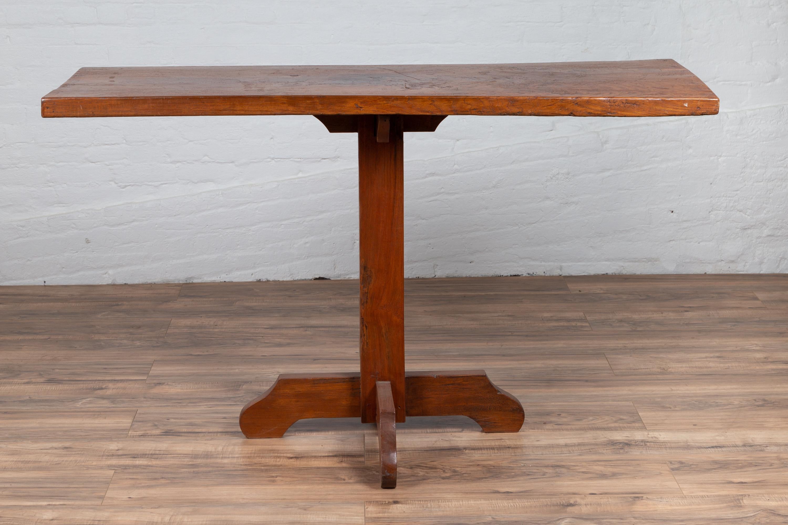 Rustic Indonesian Wooden Console Table with Single Plank Top and Pedestal Base In Good Condition For Sale In Yonkers, NY
