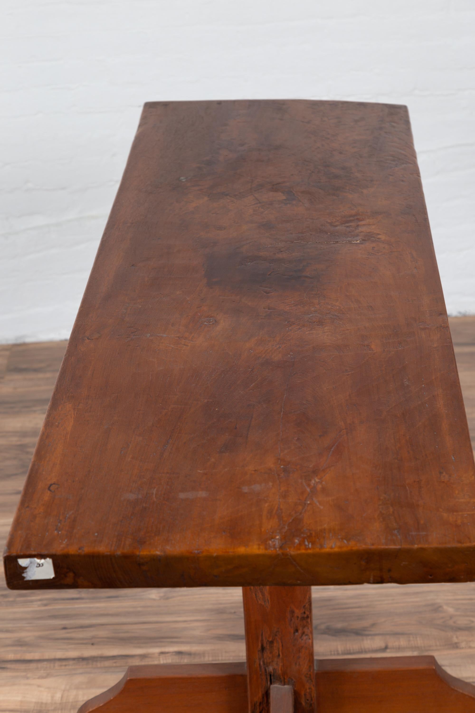 Rustic Indonesian Wooden Console Table with Single Plank Top and Pedestal Base For Sale 3