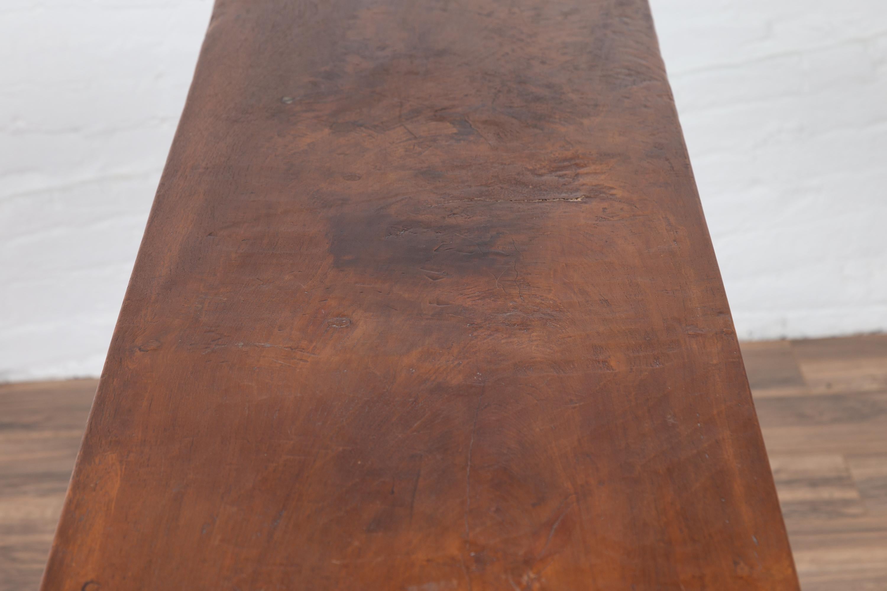 Rustic Indonesian Wooden Console Table with Single Plank Top and Pedestal Base For Sale 4