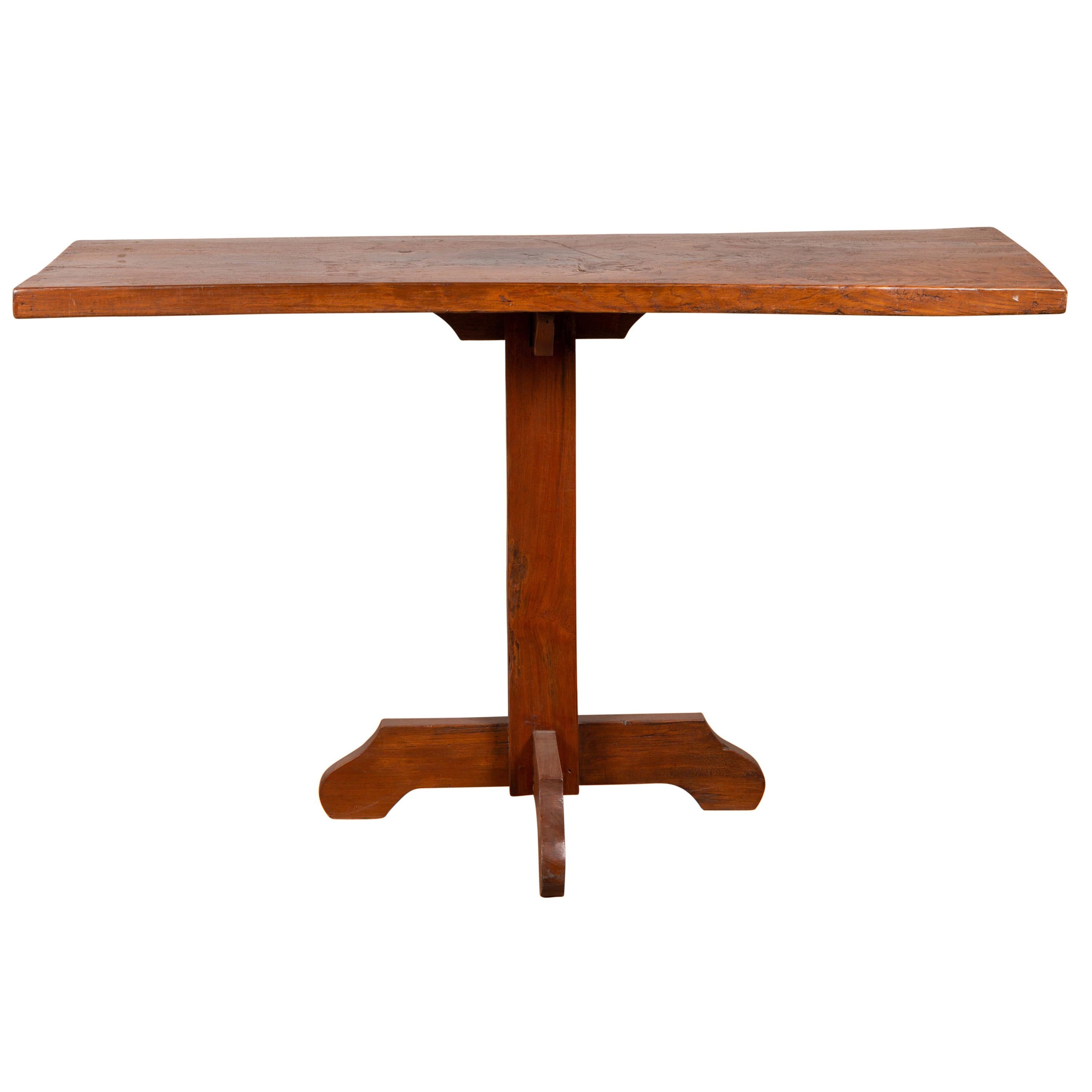 Rustic Indonesian Wooden Console Table with Single Plank Top and Pedestal Base For Sale