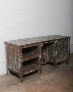 Rustic Industrial Aged Patina Wooden Desk with Metal Accents