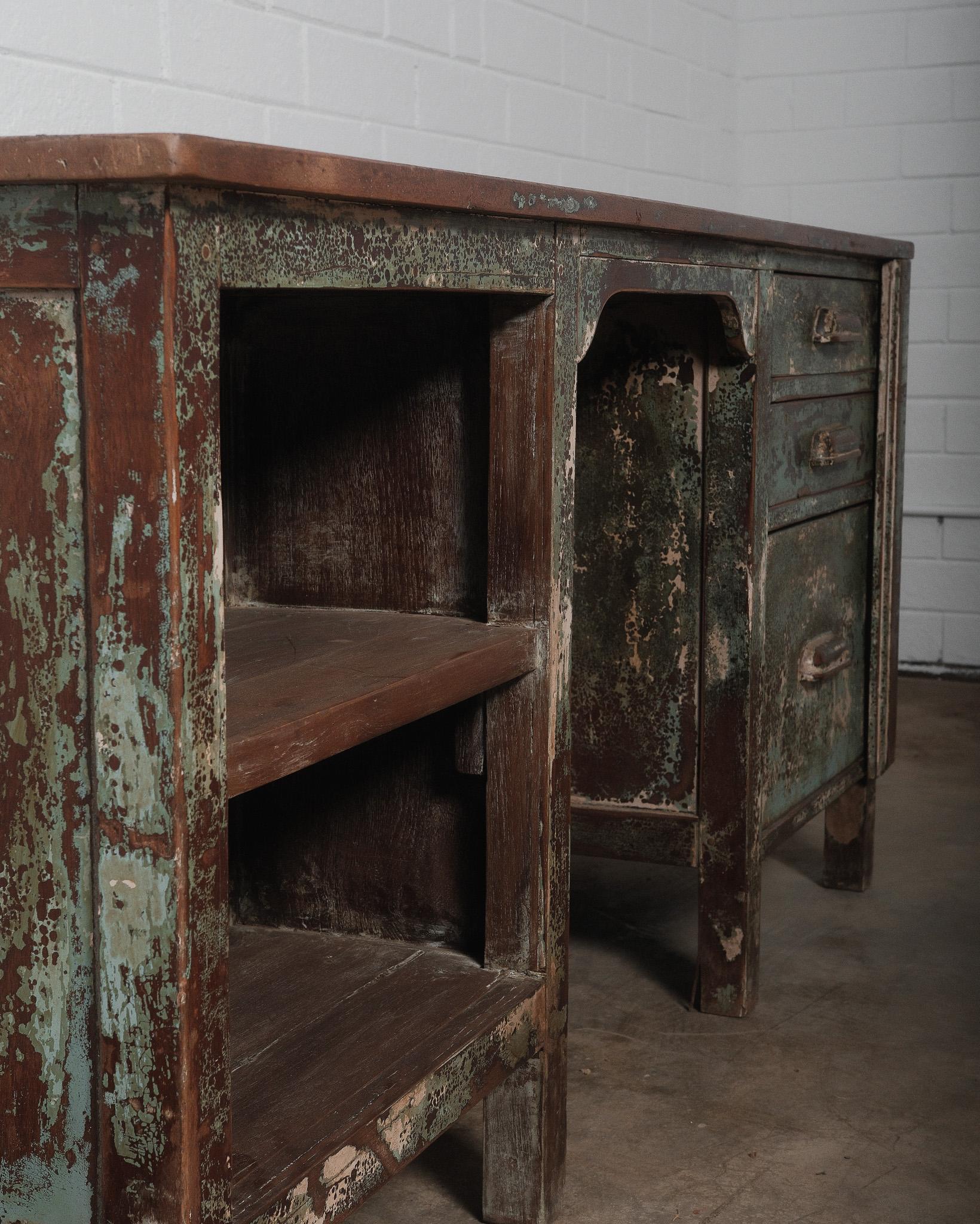 Indian Rustic Industrial Aged Patina Wooden Desk with Metal Accents For Sale