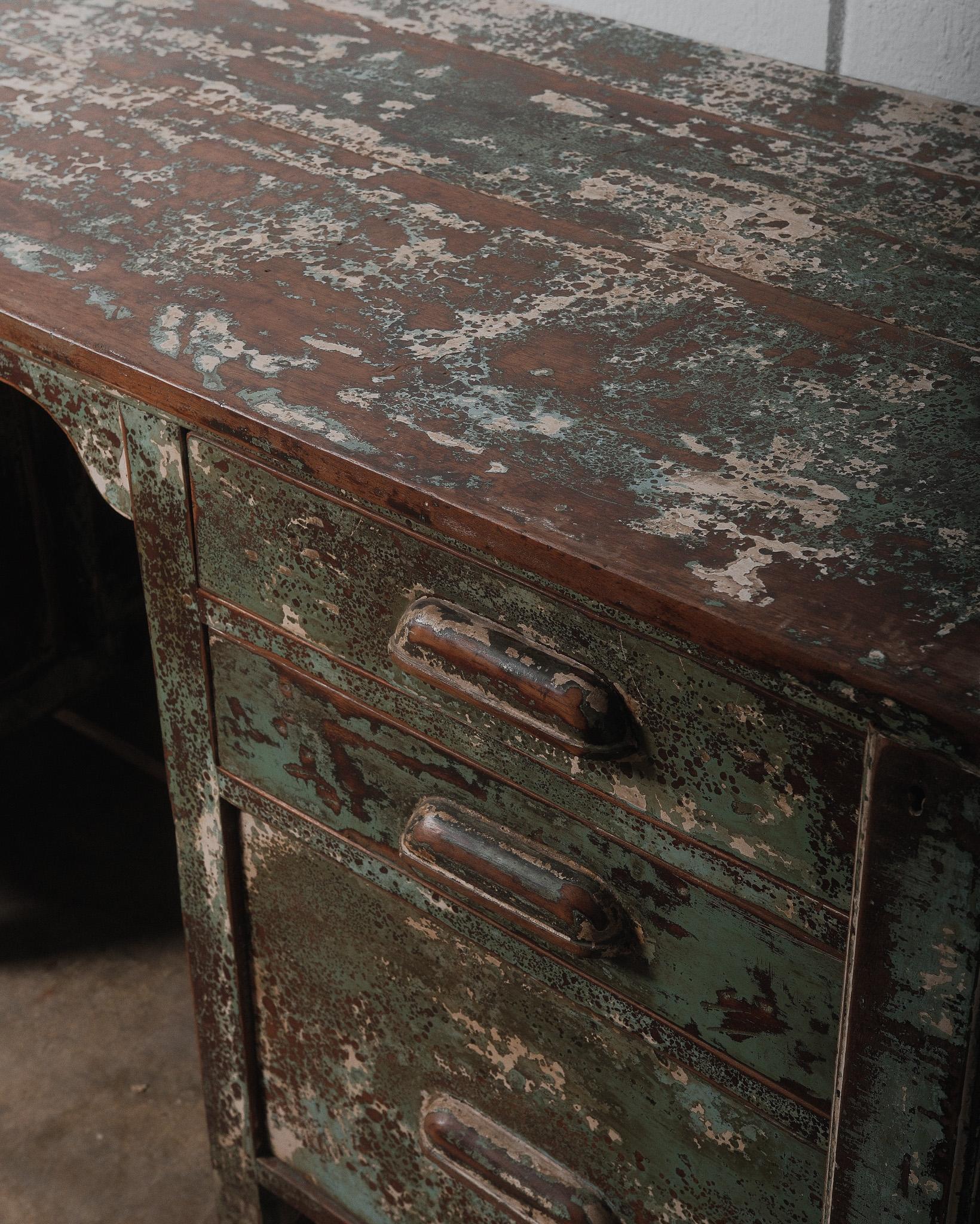 20th Century Rustic Industrial Aged Patina Wooden Desk with Metal Accents For Sale