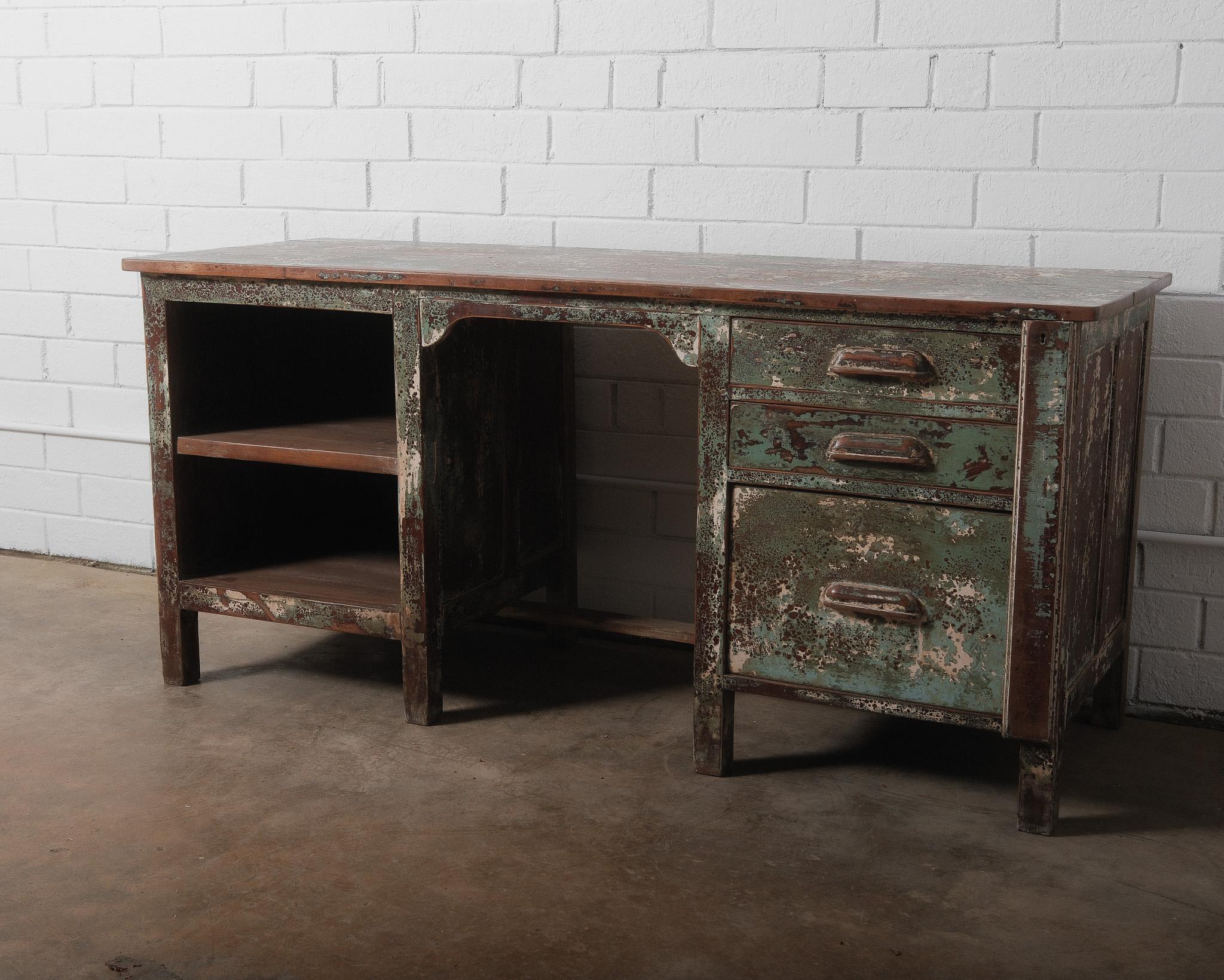 Rustic Industrial Aged Patina Wooden Desk with Metal Accents For Sale 1