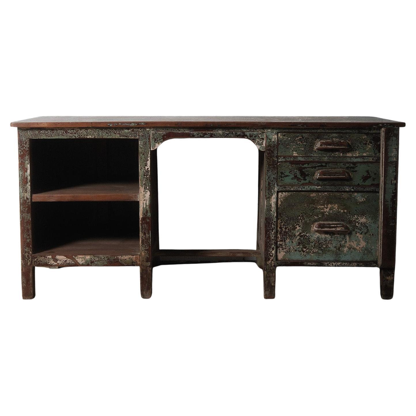 Rustic Industrial Aged Patina Wooden Desk with Metal Accents For Sale