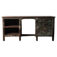Rustic Industrial Aged Patina Wooden Desk with Metal Accents