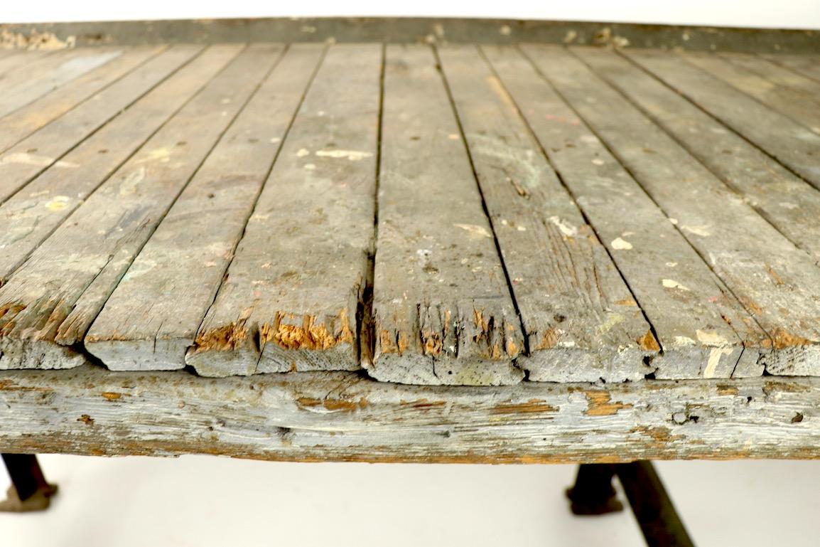 Rustic Industrial Work Table Wood Top with Cast Iron Legs 3