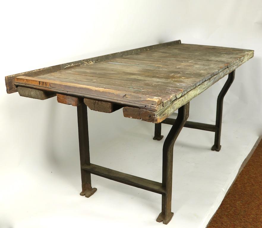 Rustic Industrial Work Table Wood Top with Cast Iron Legs 5