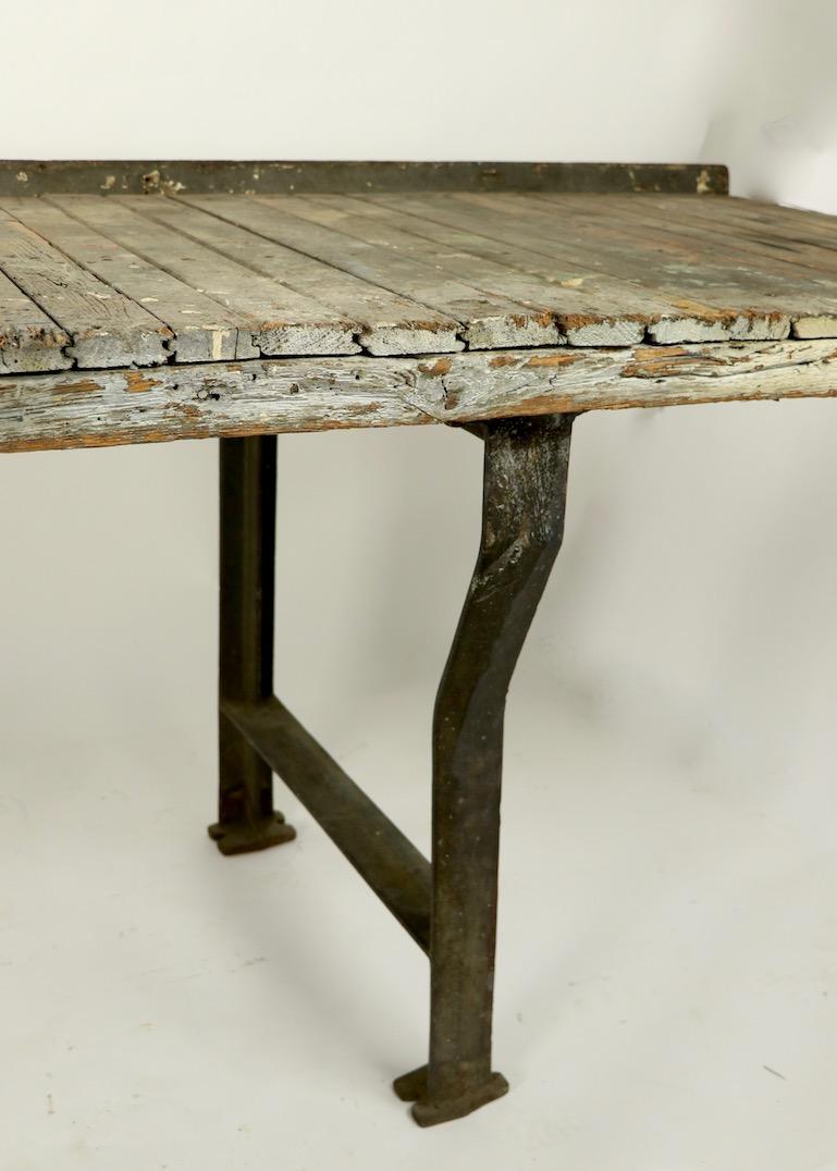 20th Century Rustic Industrial Work Table Wood Top with Cast Iron Legs