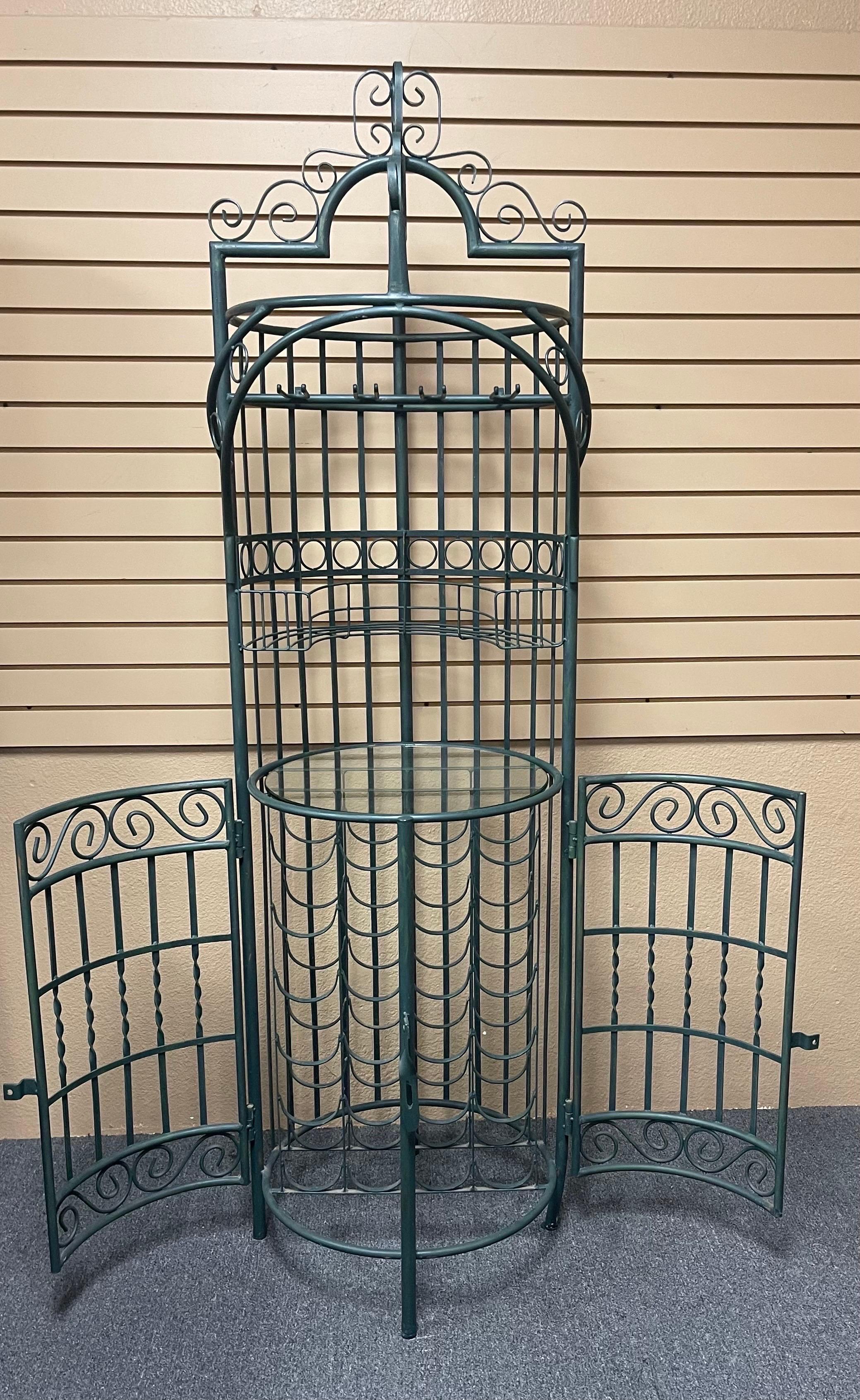 Rustic Iron Wine Rack / Bar Cabinet with Glass Shelf For Sale 6