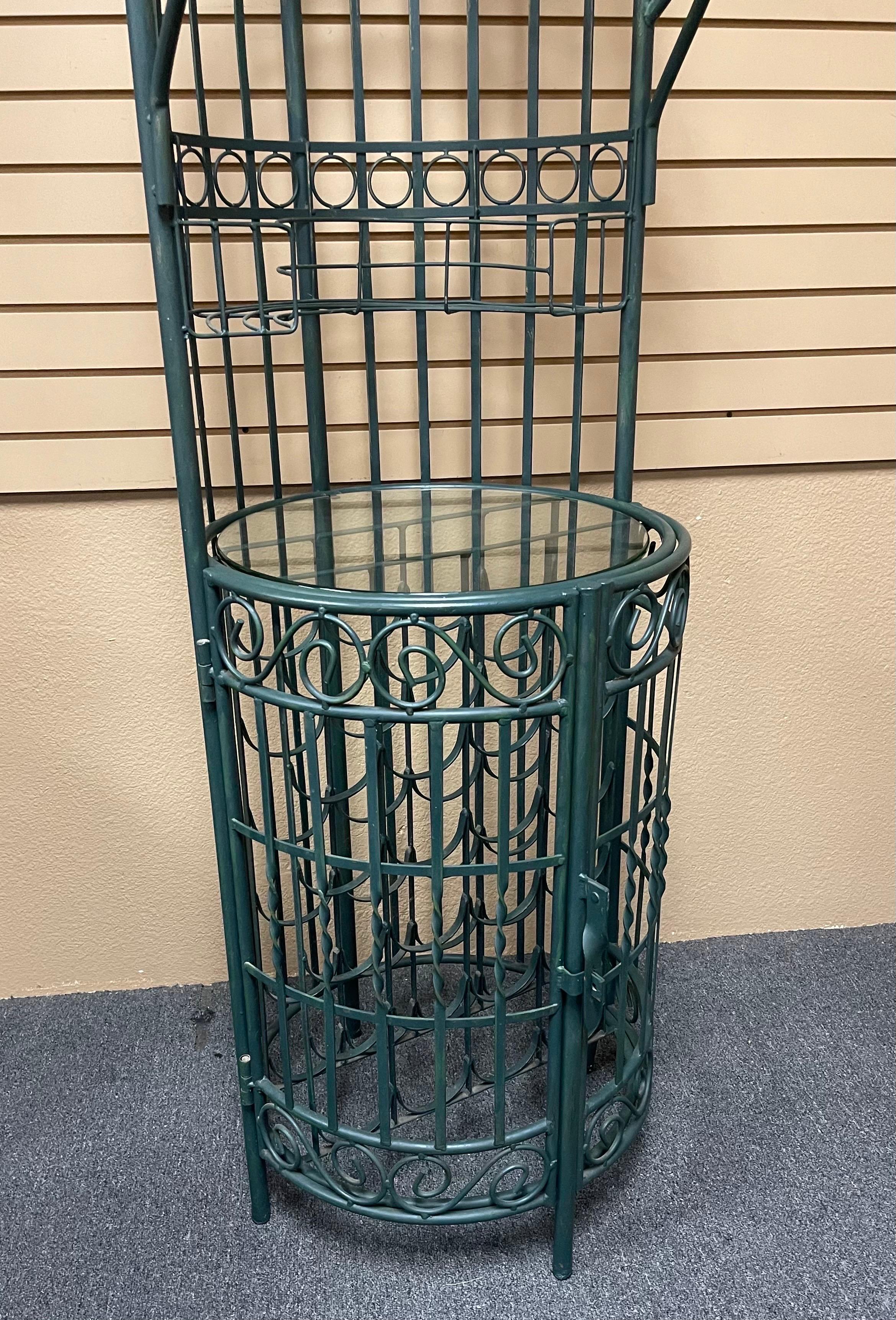 20th Century Rustic Iron Wine Rack / Bar Cabinet with Glass Shelf For Sale