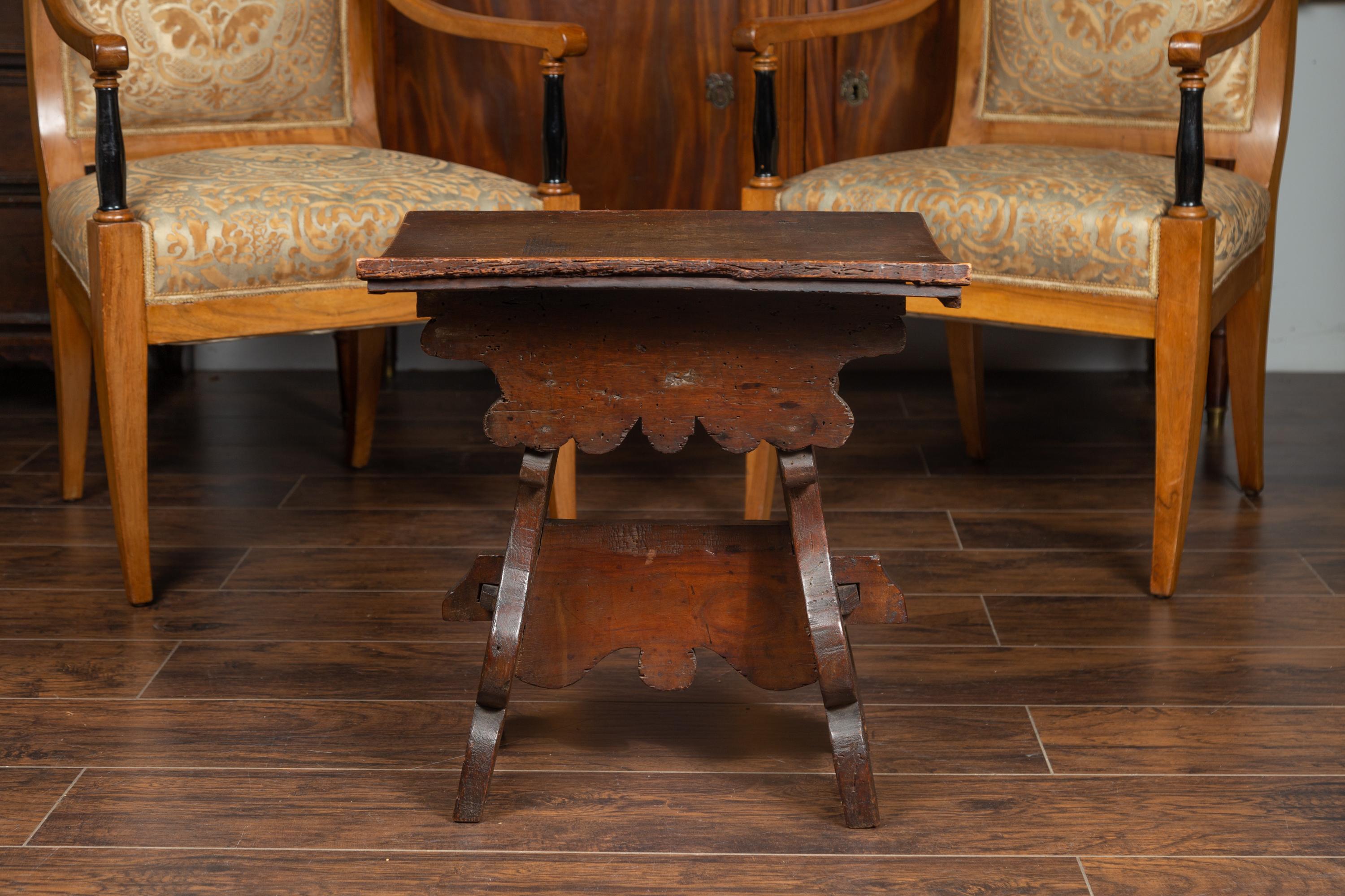 Rustic Italian 1800s Walnut Stool with Splaying Trestle Base and Carved Apron 6