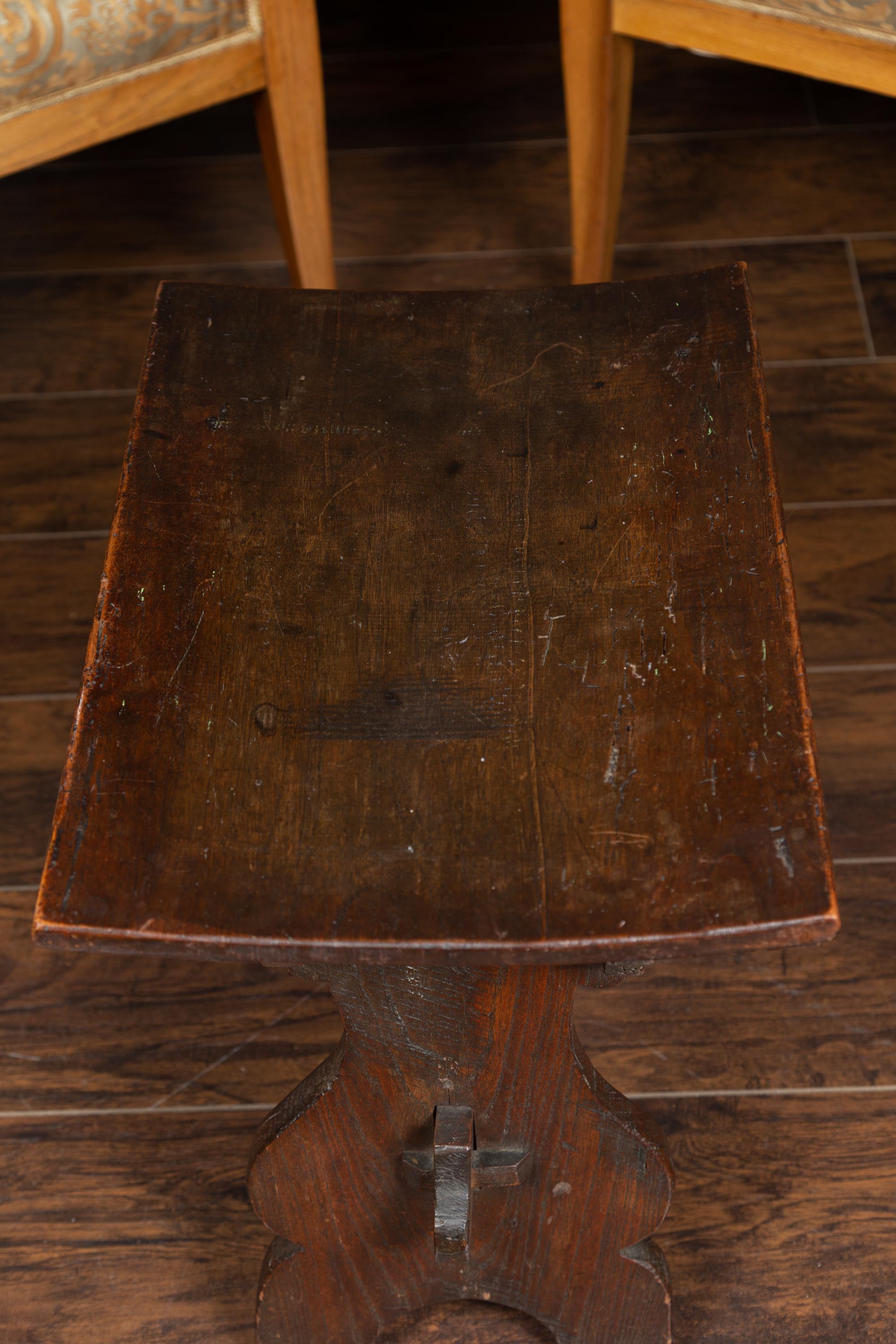 Rustic Italian 1800s Walnut Stool with Splaying Trestle Base and Carved Apron 7