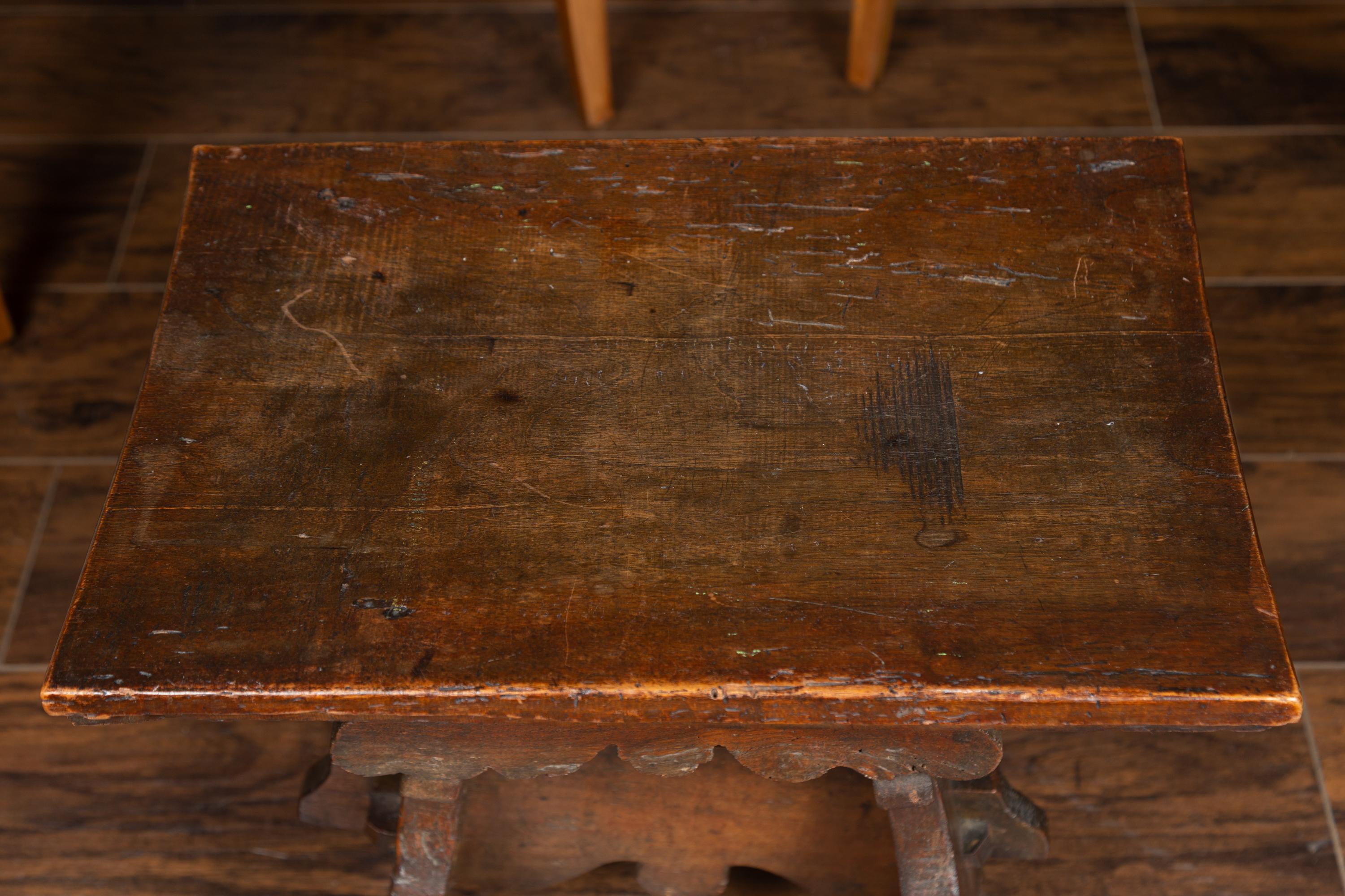 Rustic Italian 1800s Walnut Stool with Splaying Trestle Base and Carved Apron 1
