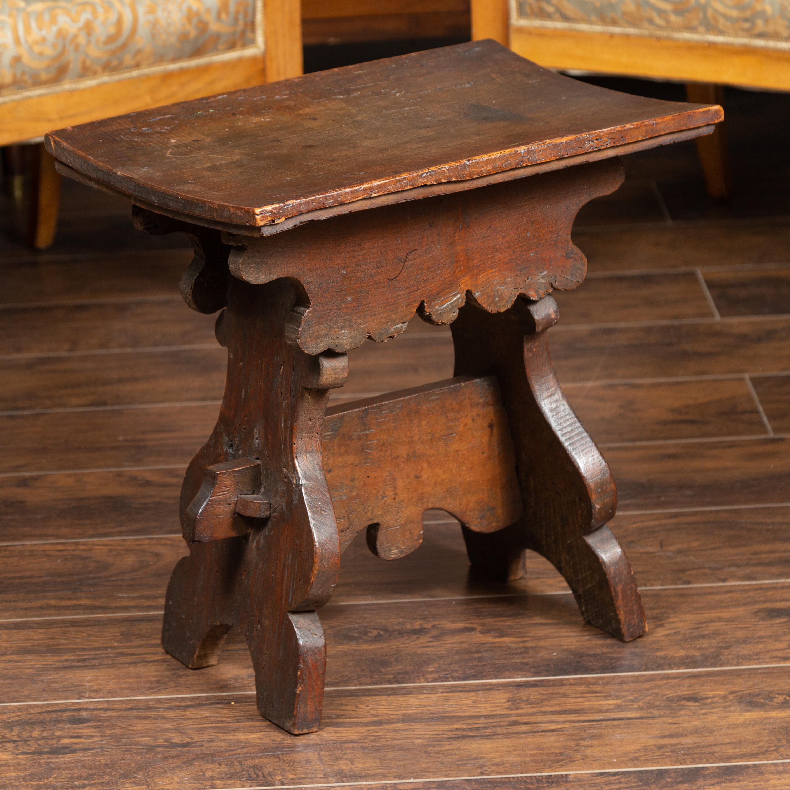 Rustic Italian 1800s Walnut Stool with Splaying Trestle Base and Carved Apron 2