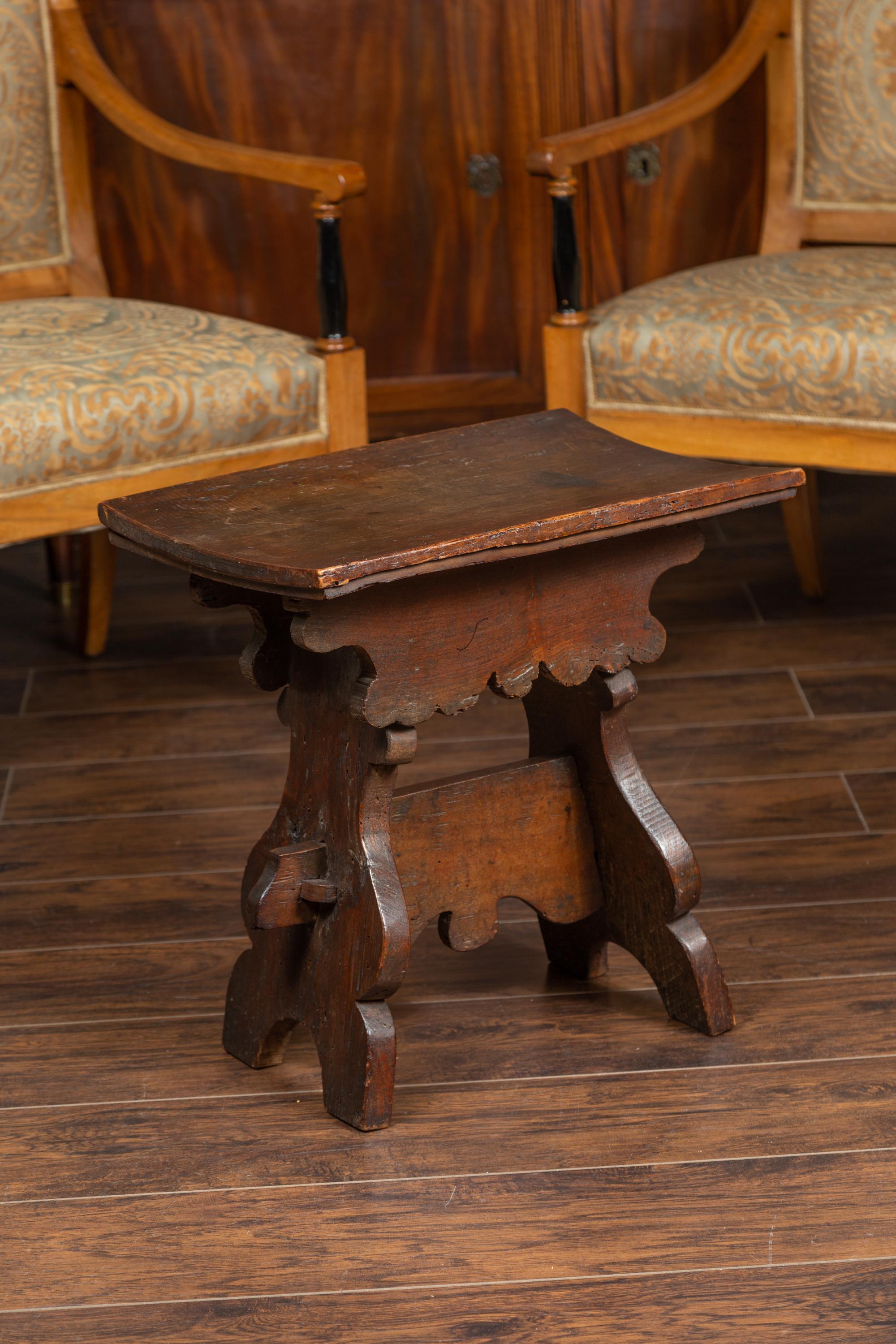 Rustic Italian 1800s Walnut Stool with Splaying Trestle Base and Carved Apron 3