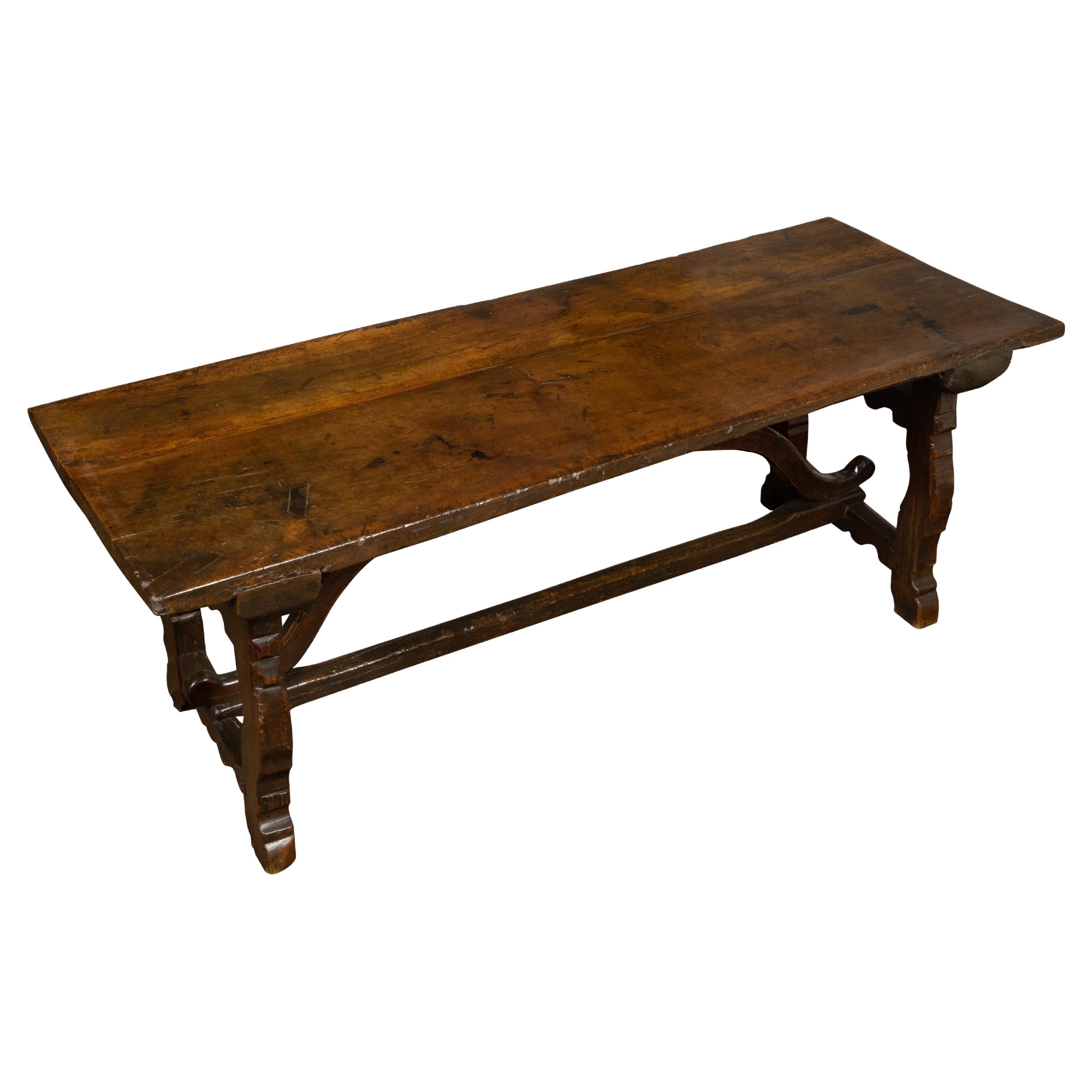 Rustic Italian 19th Century Walnut Farm Table with Carved Lyre-Shaped Base