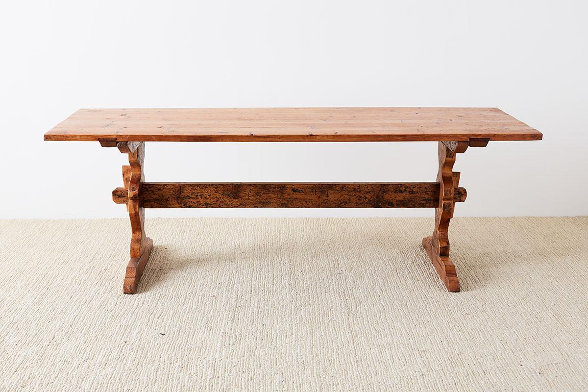 Hand-Crafted Rustic Italian Baroque Style Pine Trestle Farm Table