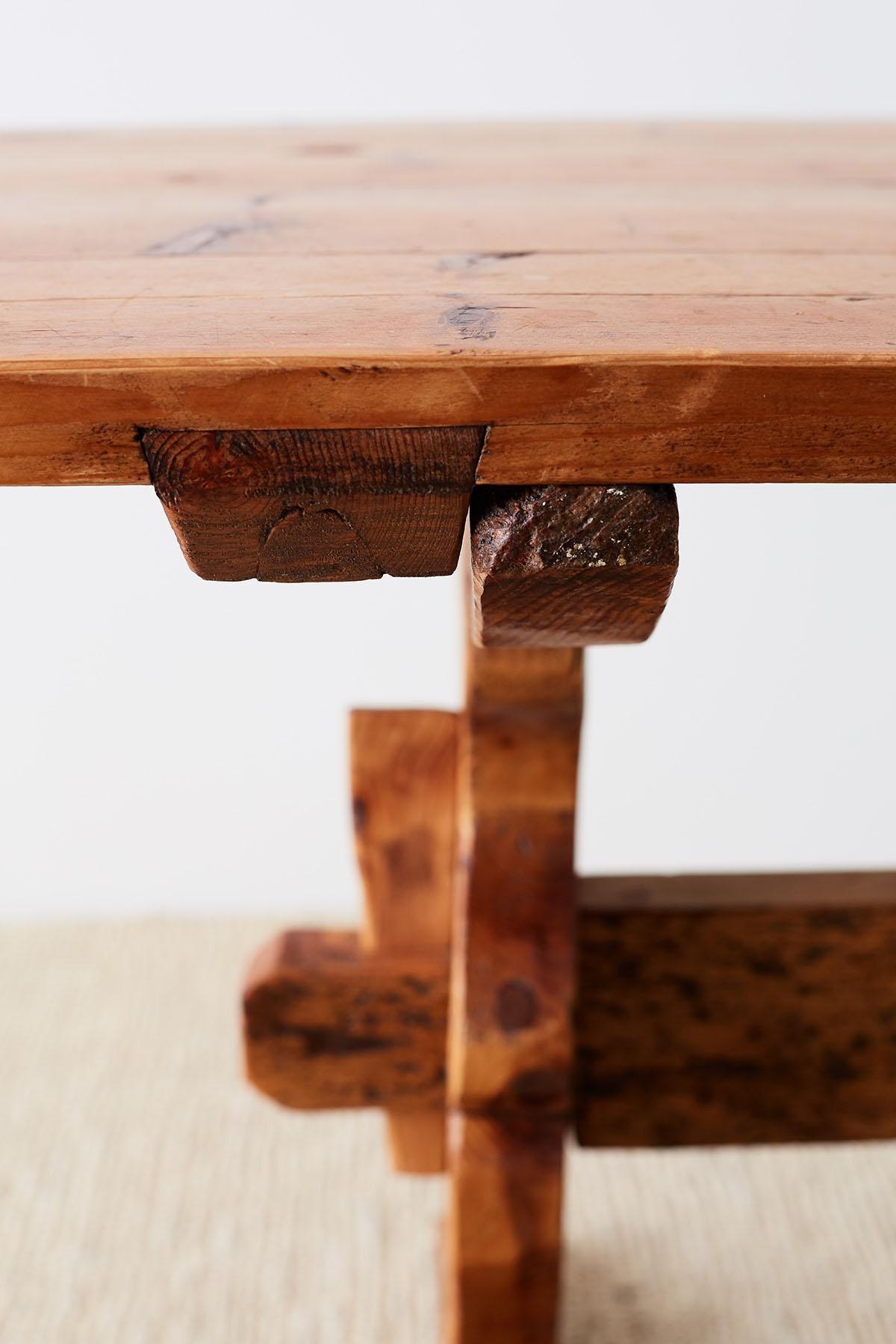 20th Century Rustic Italian Baroque Style Pine Trestle Farm Table