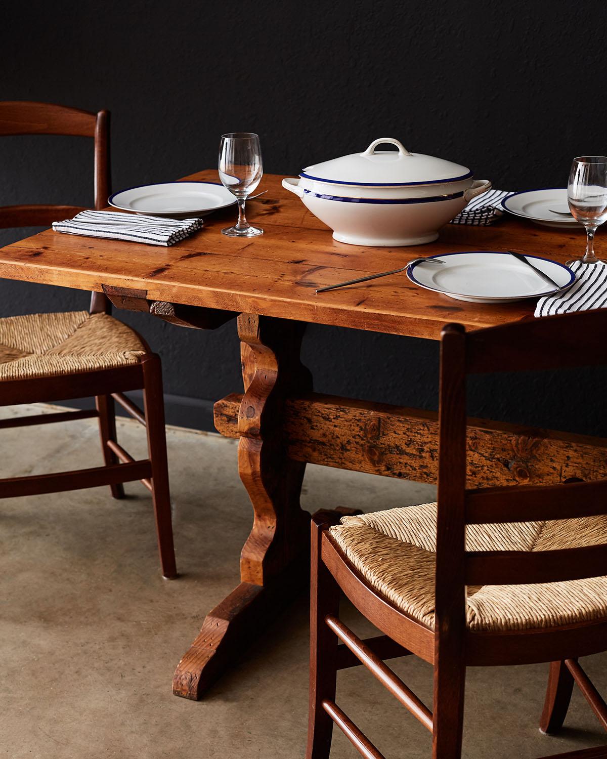 Rustic Italian Baroque Style Pine Trestle Farm Table 2