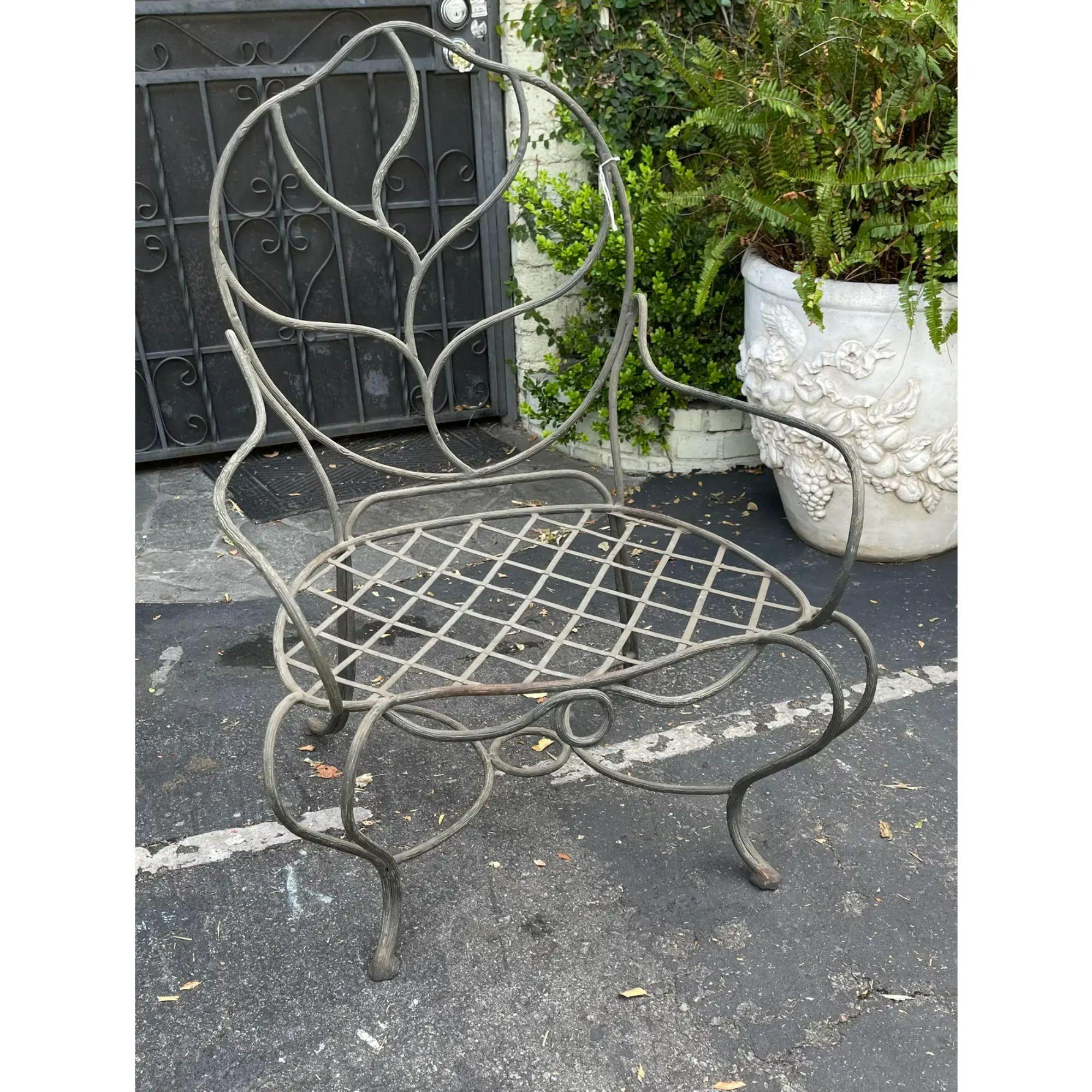 Rustic Italian Gregorius Pineo Wrought Iron Leaf Back Twig Outdoor Chair In Good Condition For Sale In LOS ANGELES, CA