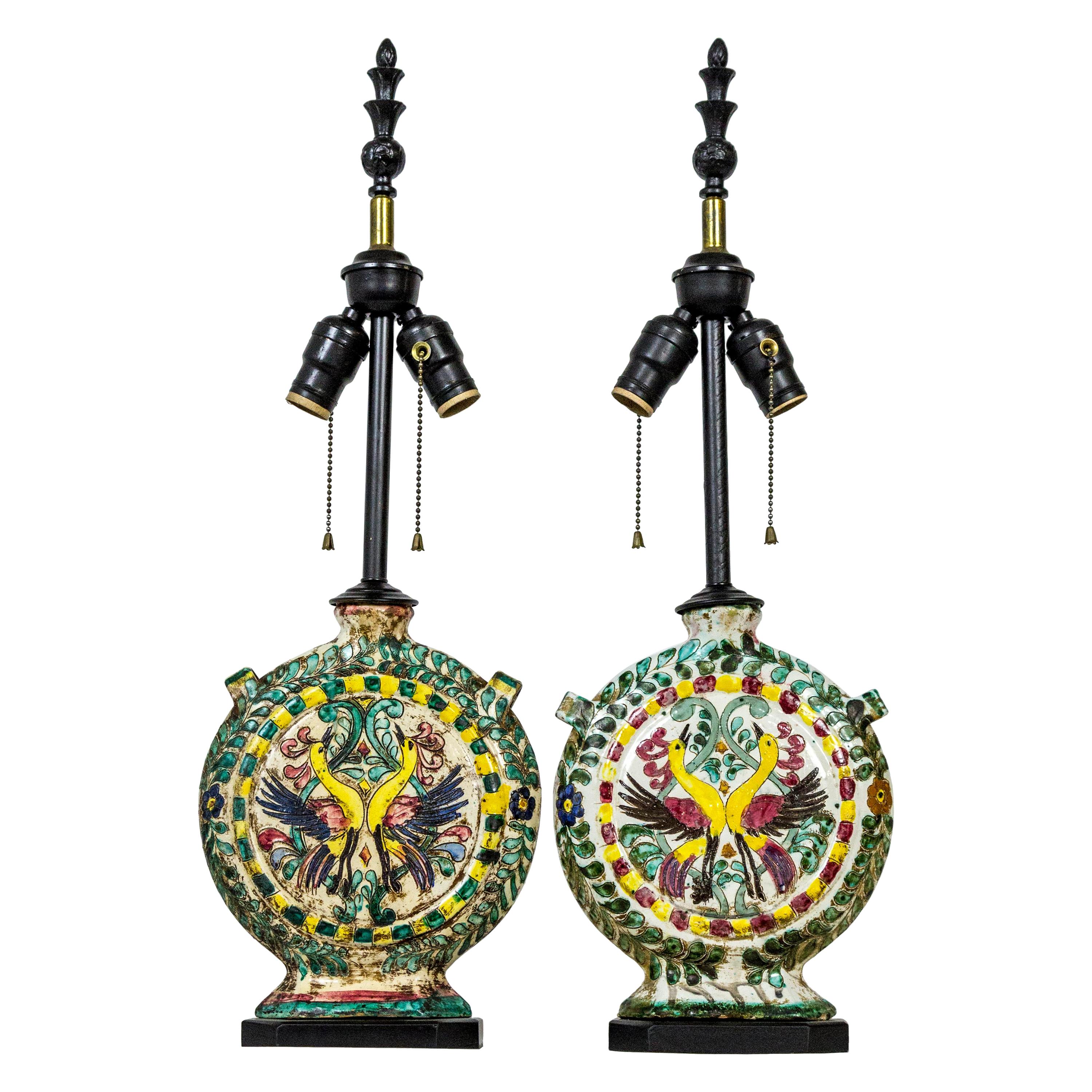 Rustic Italian Majolica Ceramic Wine Cantina Lamps, Pair