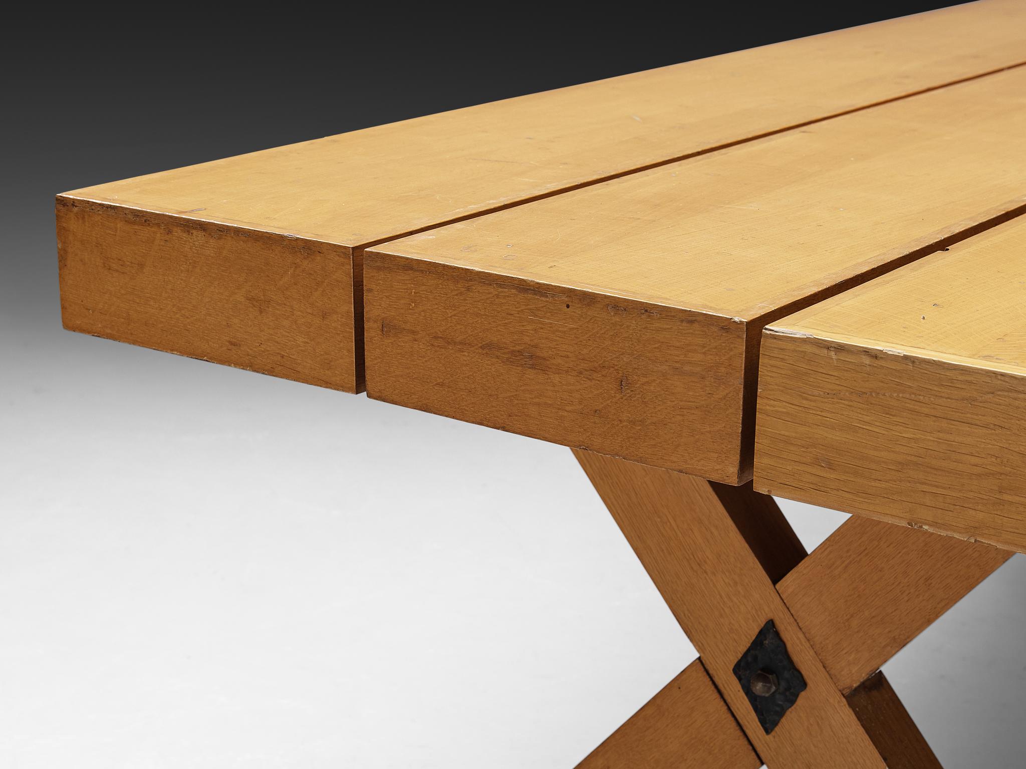 Post-Modern Rustic Italian Oak Cross-legged Dining Table with Iron For Sale