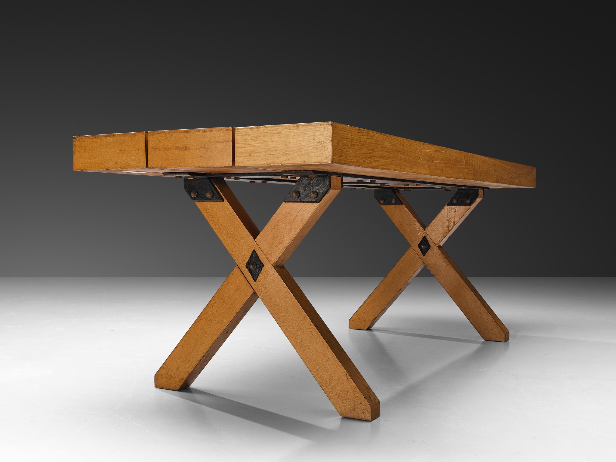 Late 20th Century Rustic Italian Oak Cross-legged Dining Table with Iron For Sale