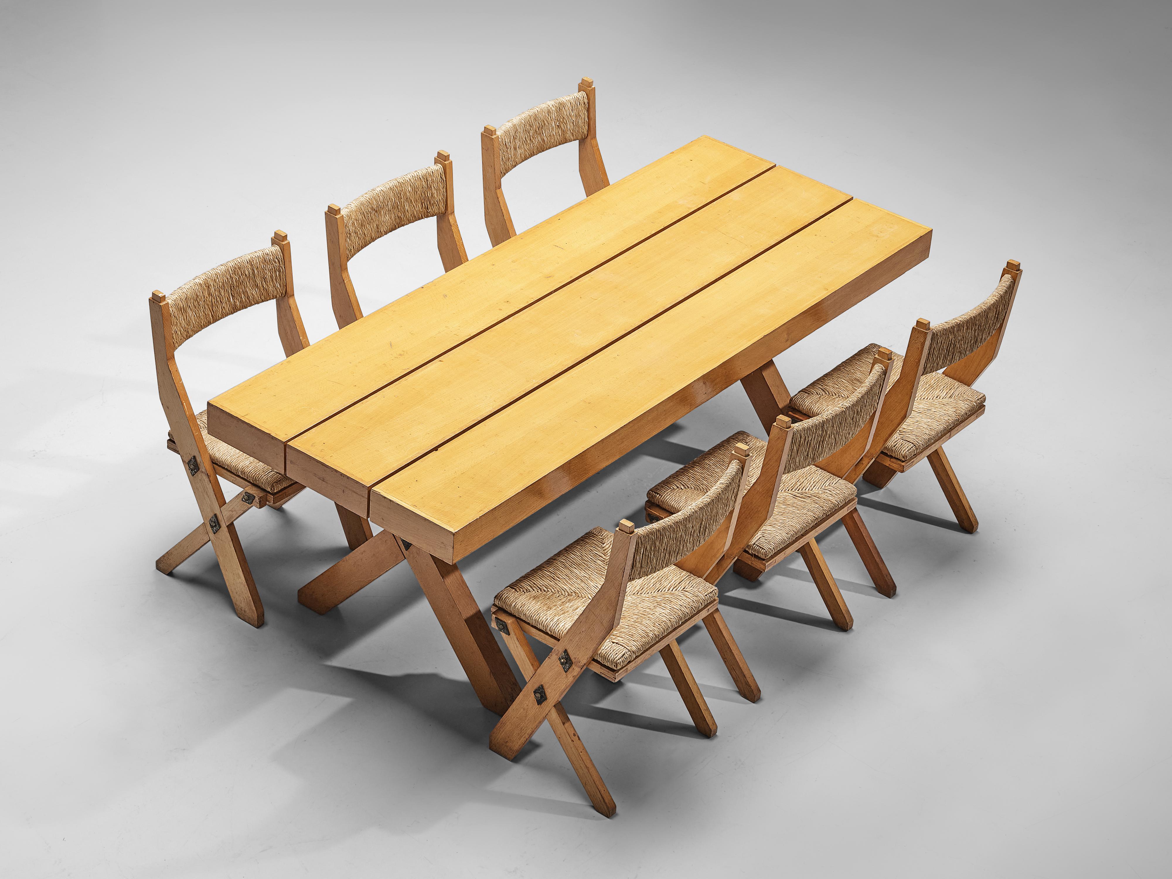 Late 20th Century Rustic Italian Oak Cross-Legged Dining Table with Metal For Sale