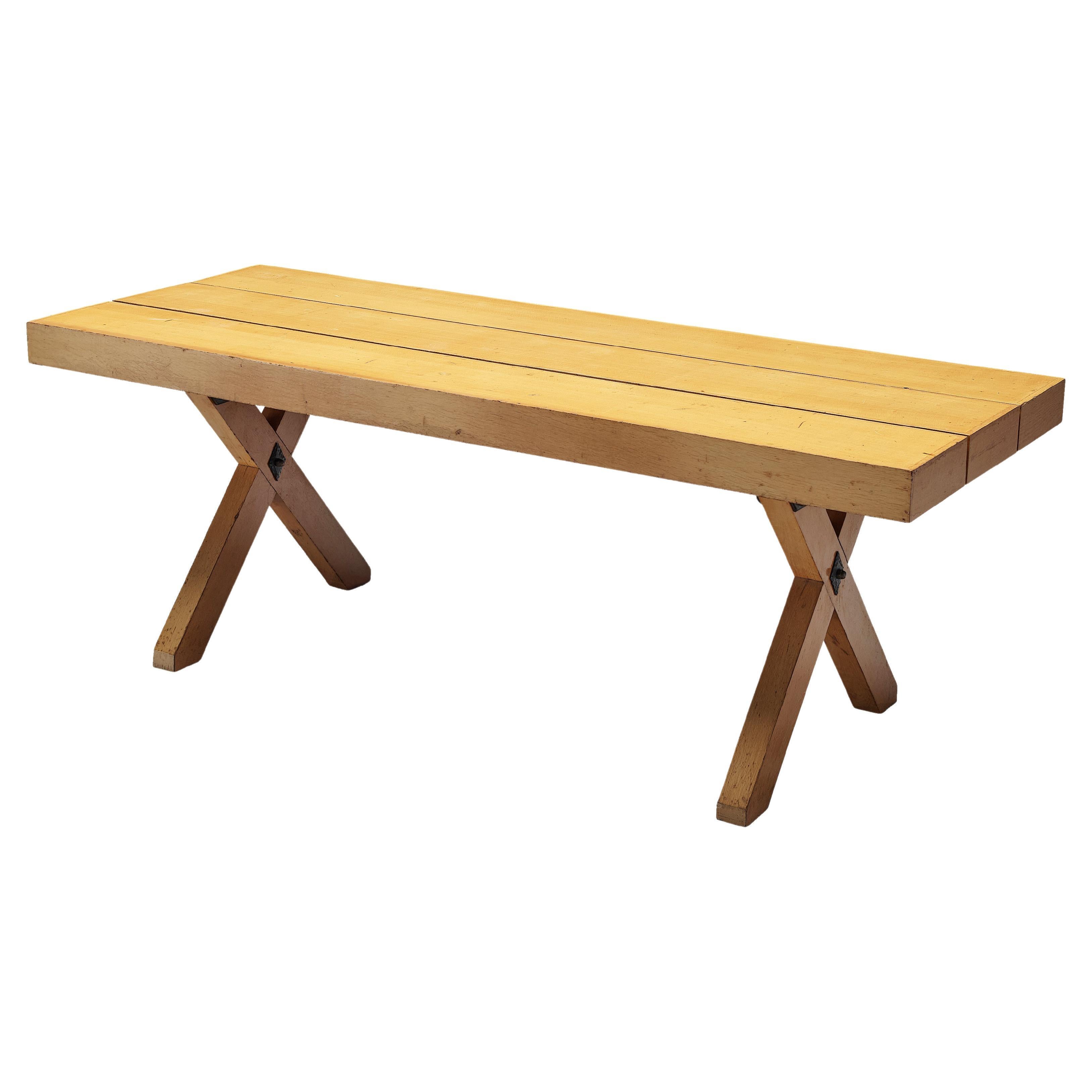 Rustic Italian Oak Cross-Legged Dining Table with Metal For Sale