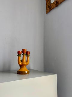 Rustic Italian Three-Arm Ceramic Candelabra with Handle