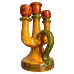 Rustic Italian Three-Arm Ceramic Candelabra with Handle