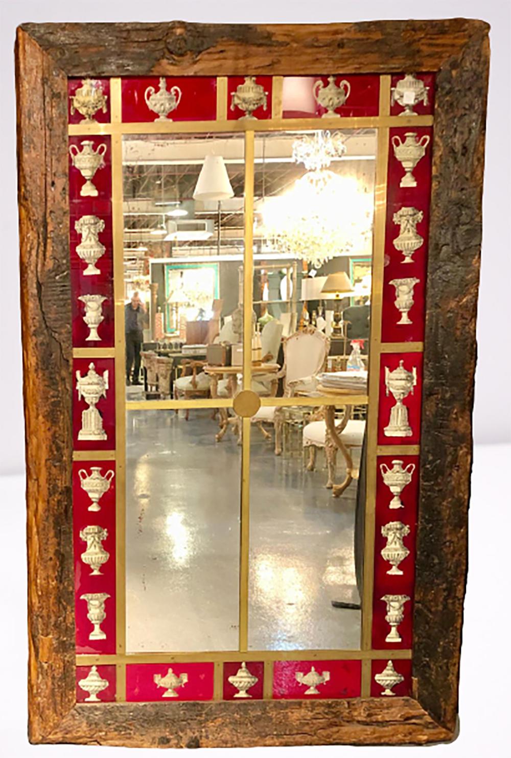 Classical Roman Italian Design, Rustic, Wall Mirror, Wood, Reverse Painted Glass, Italy, 2000s  For Sale