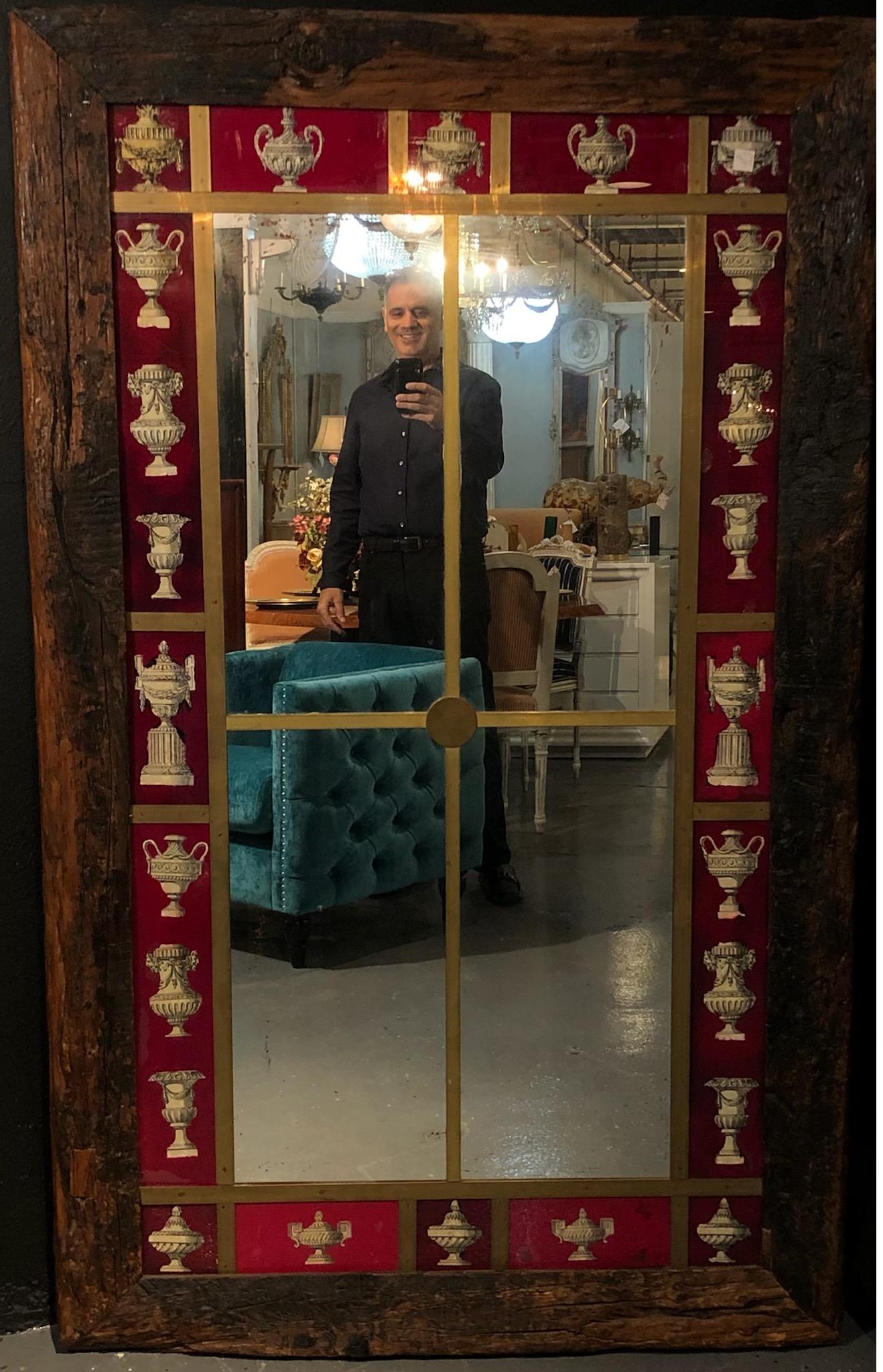 Italian Design, Rustic, Wall Mirror, Wood, Reverse Painted Glass, Italy, 2000s  In Good Condition For Sale In Stamford, CT