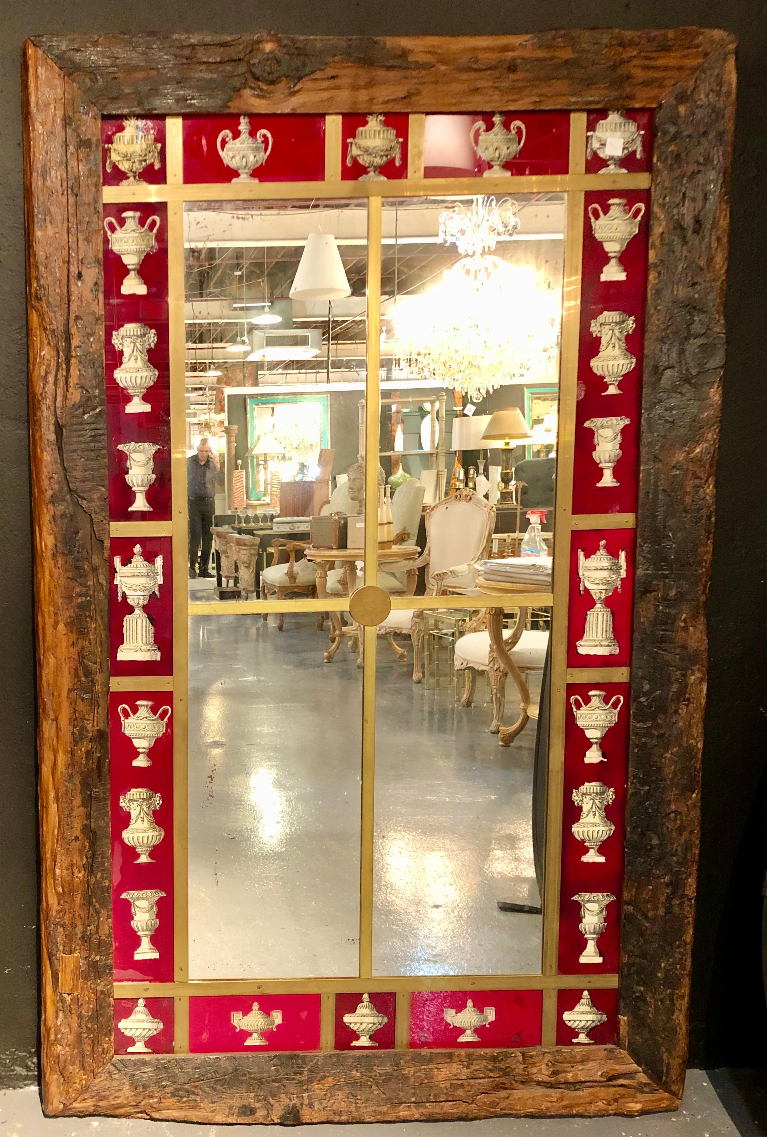 Contemporary Italian Design, Rustic, Wall Mirror, Wood, Reverse Painted Glass, Italy, 2000s  For Sale