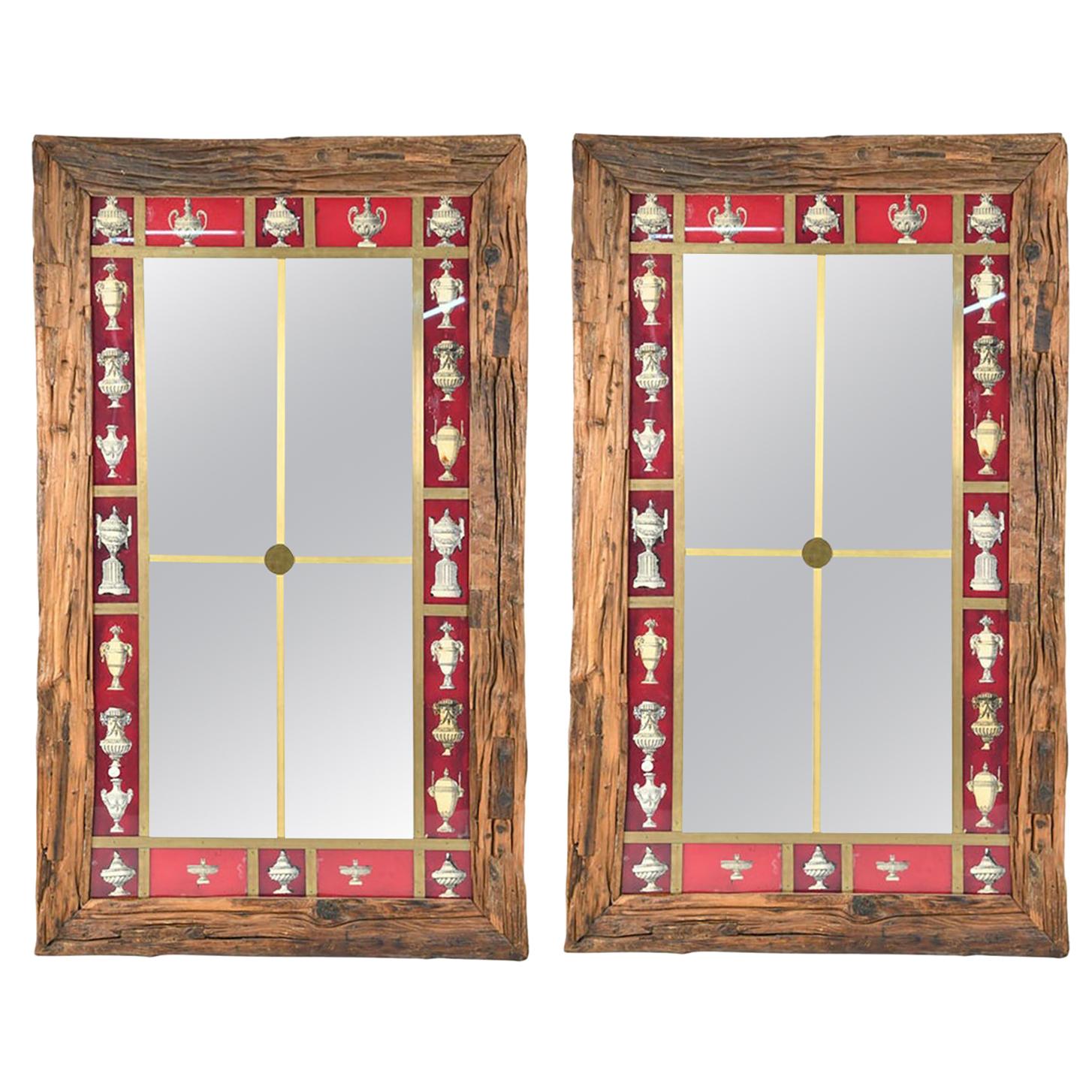 Rustic Italian Wall Mirror with Reverse Painted Classical Vases and Urns For Sale