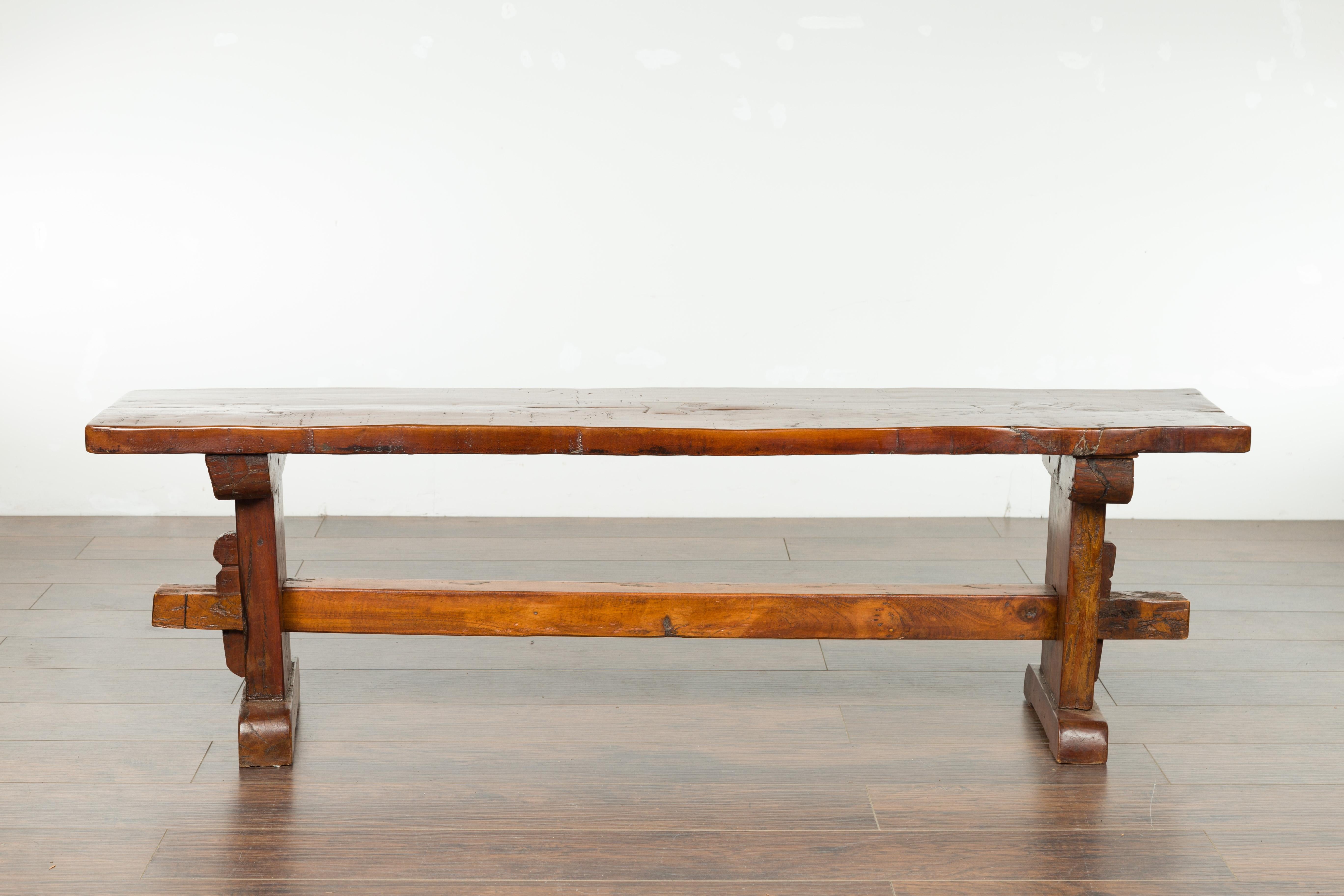Rustic Italian Walnut Bench with Trestle Base from the Early 19th Century 12