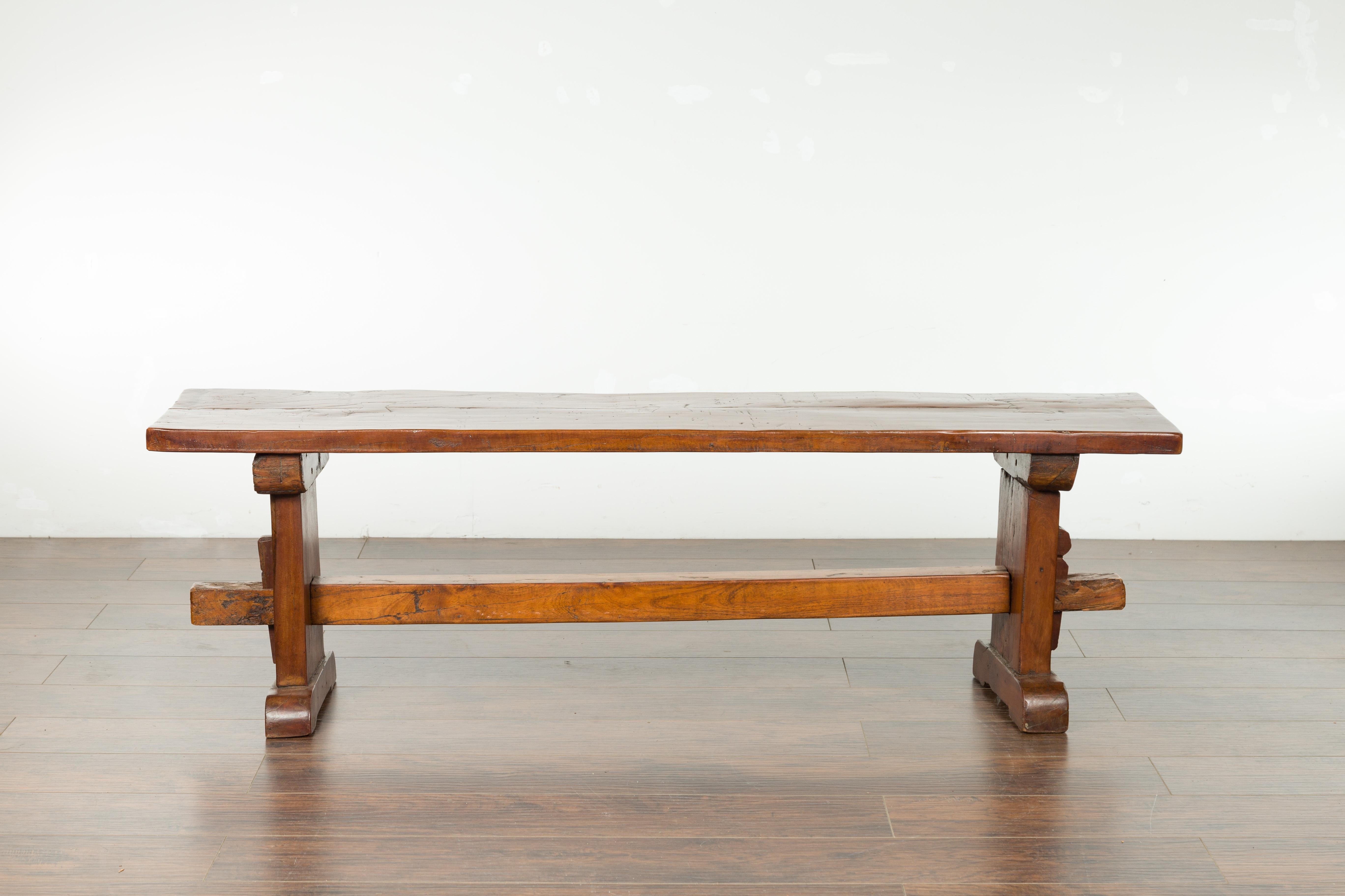 Rustic Italian Walnut Bench with Trestle Base from the Early 19th Century In Good Condition In Atlanta, GA